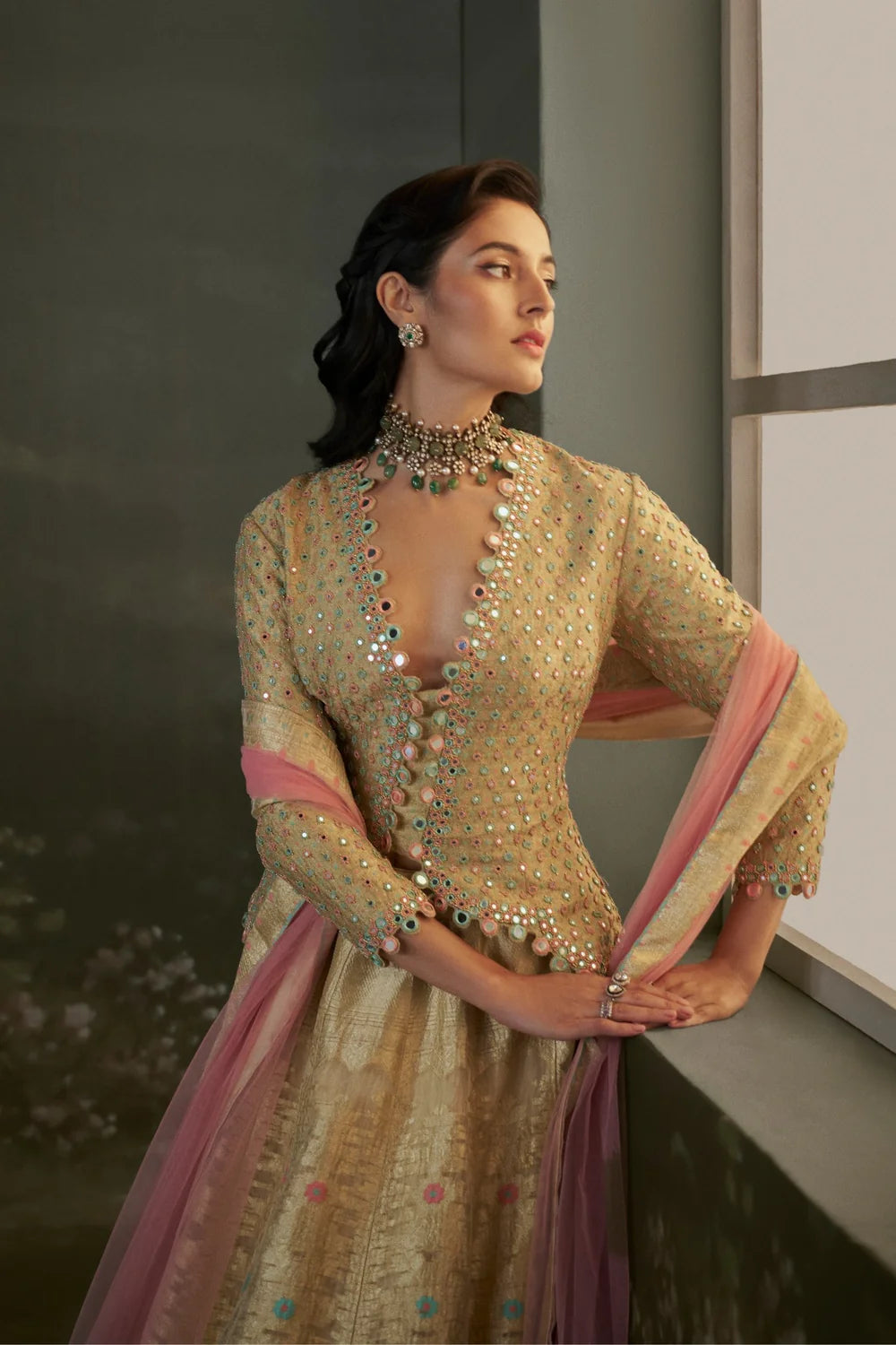 Gold woven benarsi silk lehenga with blouse and dupatta