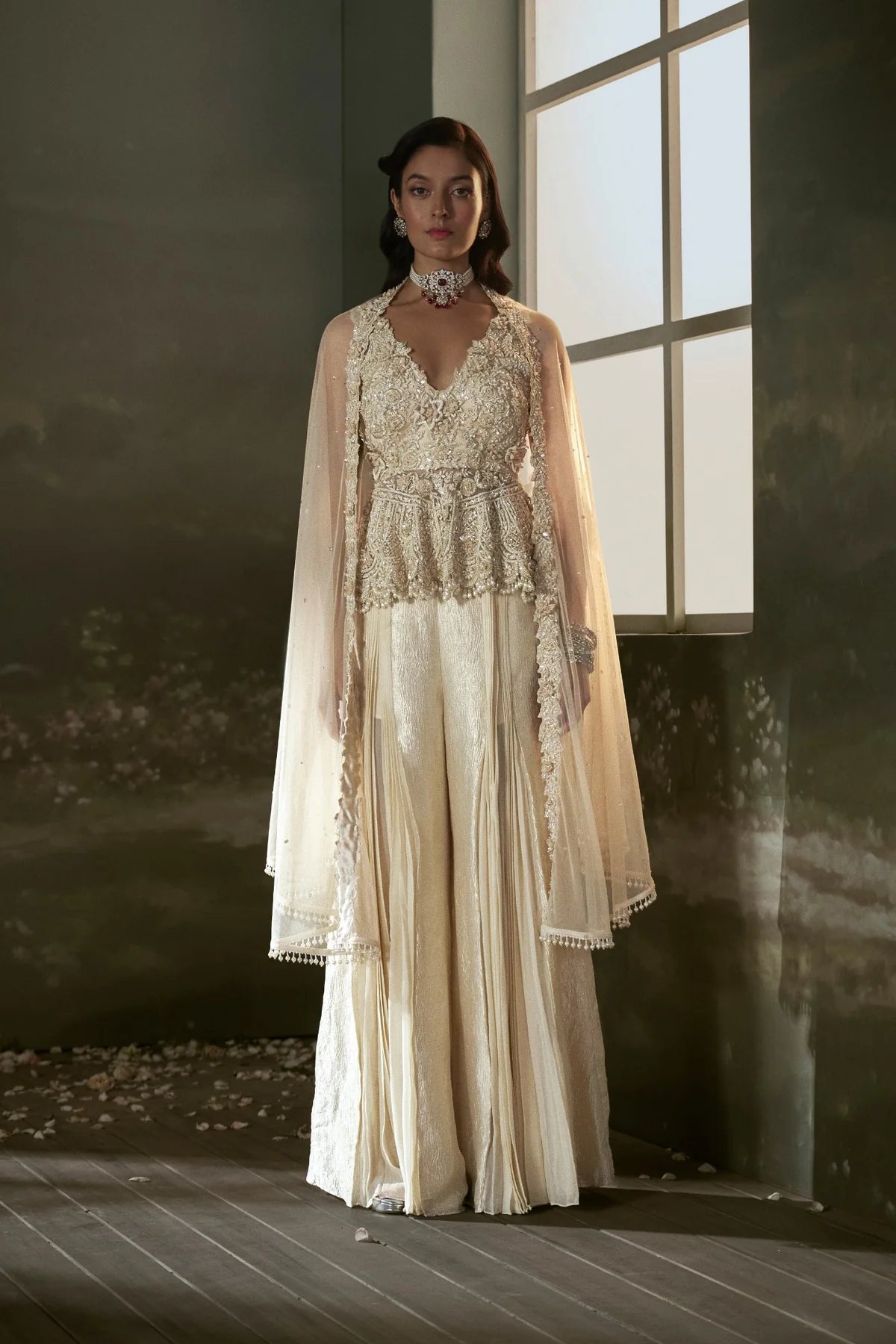 Cream peplum top and Sharara set