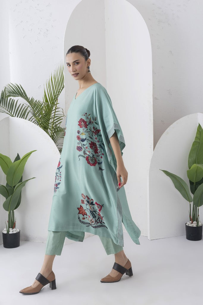 Mint Silk Chanderi Chintz Printed Kaftan (1 PC)
