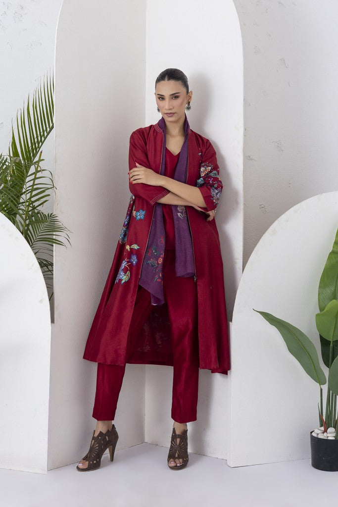Maroon Silk Chanderi Floral Printed Front Open Dress (1 PC)