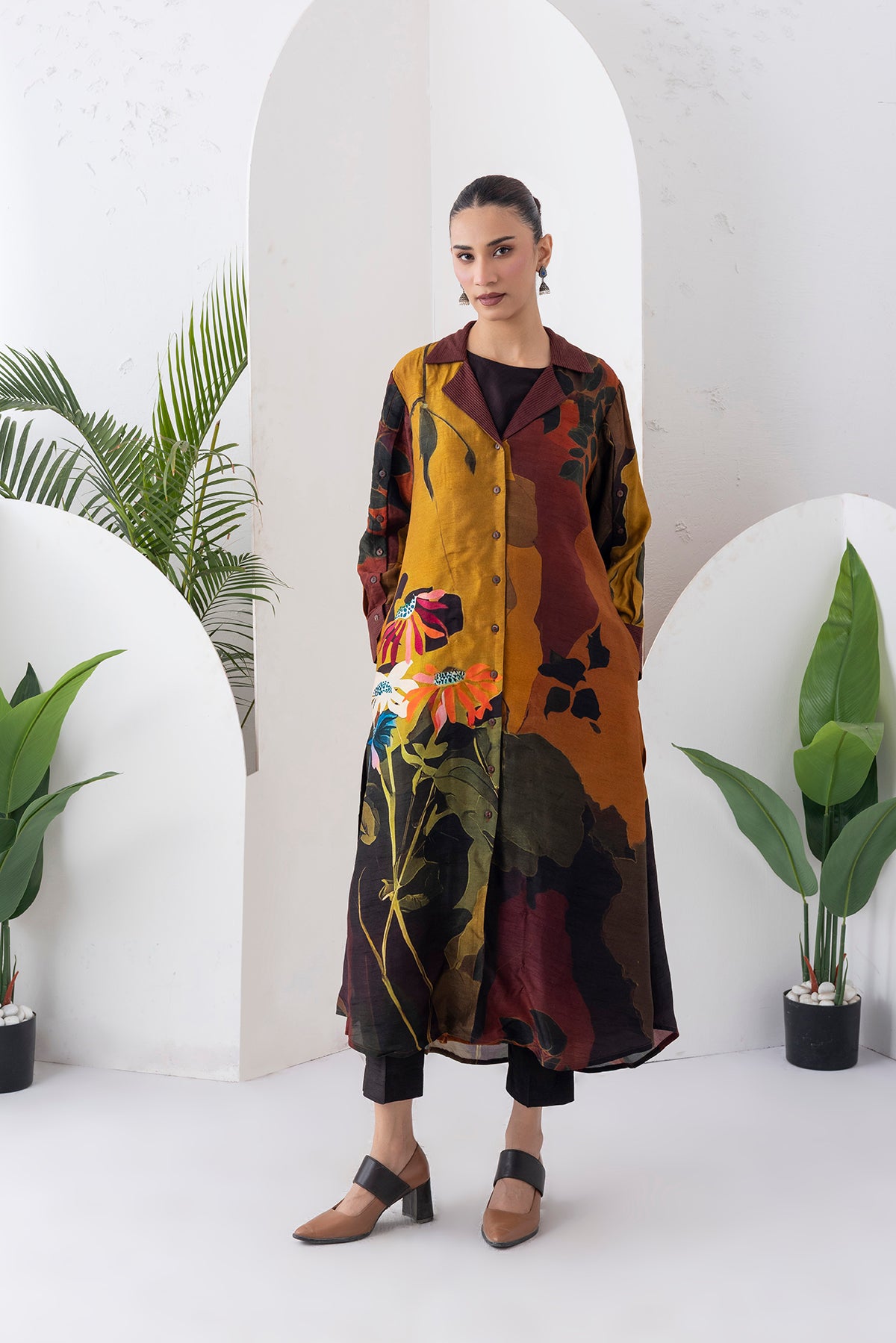 Mustard & Brown Viscose Dupion Printed Front Open Dress (1 PC)