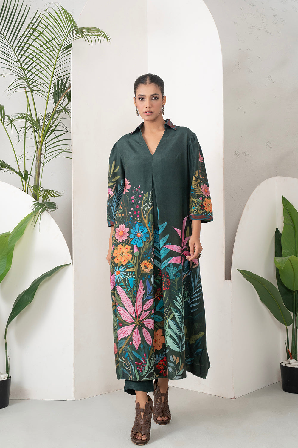Dark Green Silk Chanderi Vibrant Multicolour Floral Printed Dress Set (2 PCS)