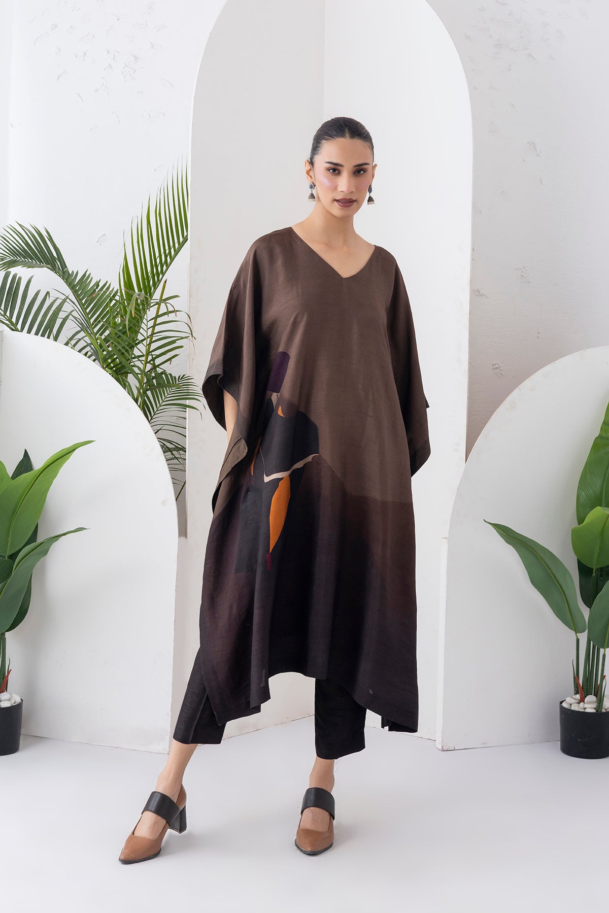 Shades Of Brown Viscose Dupion Printed Kaftan (1 PC)