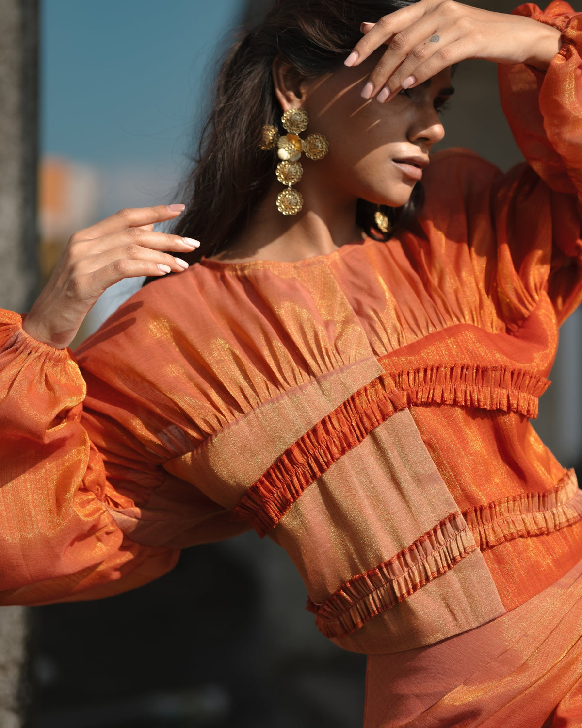 Ruched Balloon Sleeve Top - Burnt Orange