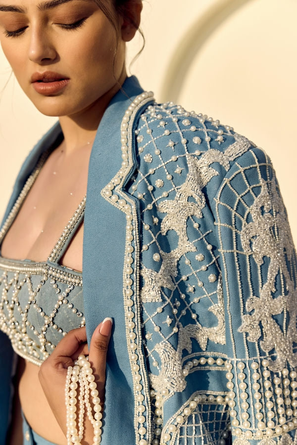 PEARL DENIM BLAZER WITH DENIM TUBE TOP AND DENIM CARGO