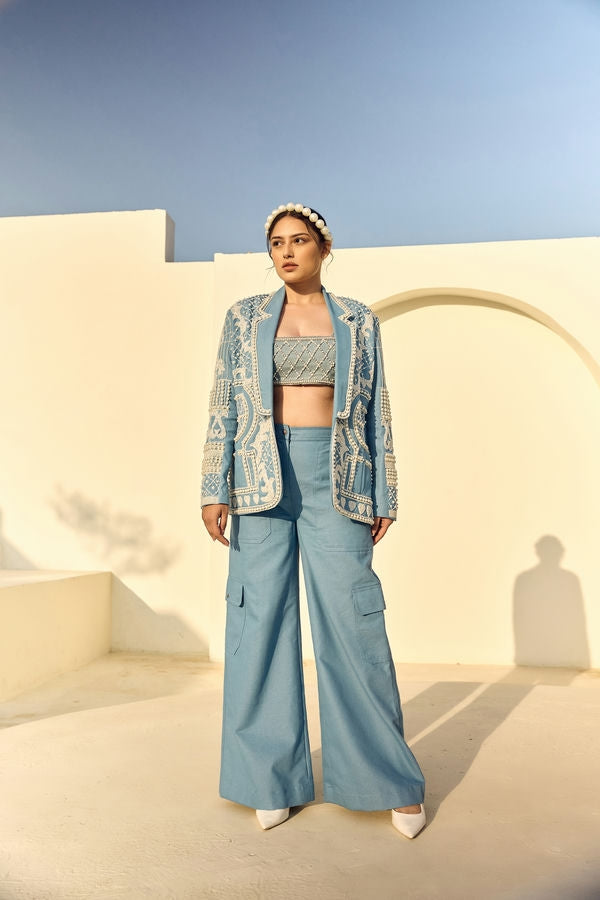 PEARL DENIM BLAZER WITH DENIM TUBE TOP AND DENIM CARGO