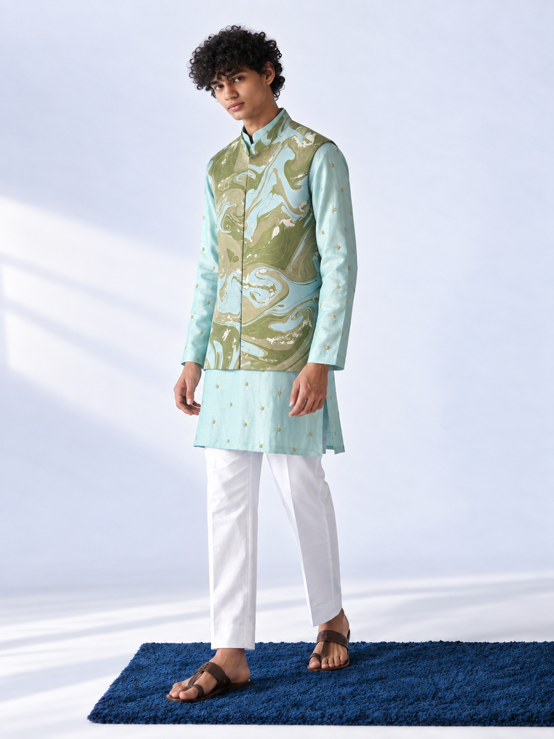 Aqua Marbled Jacket And Kurta Set