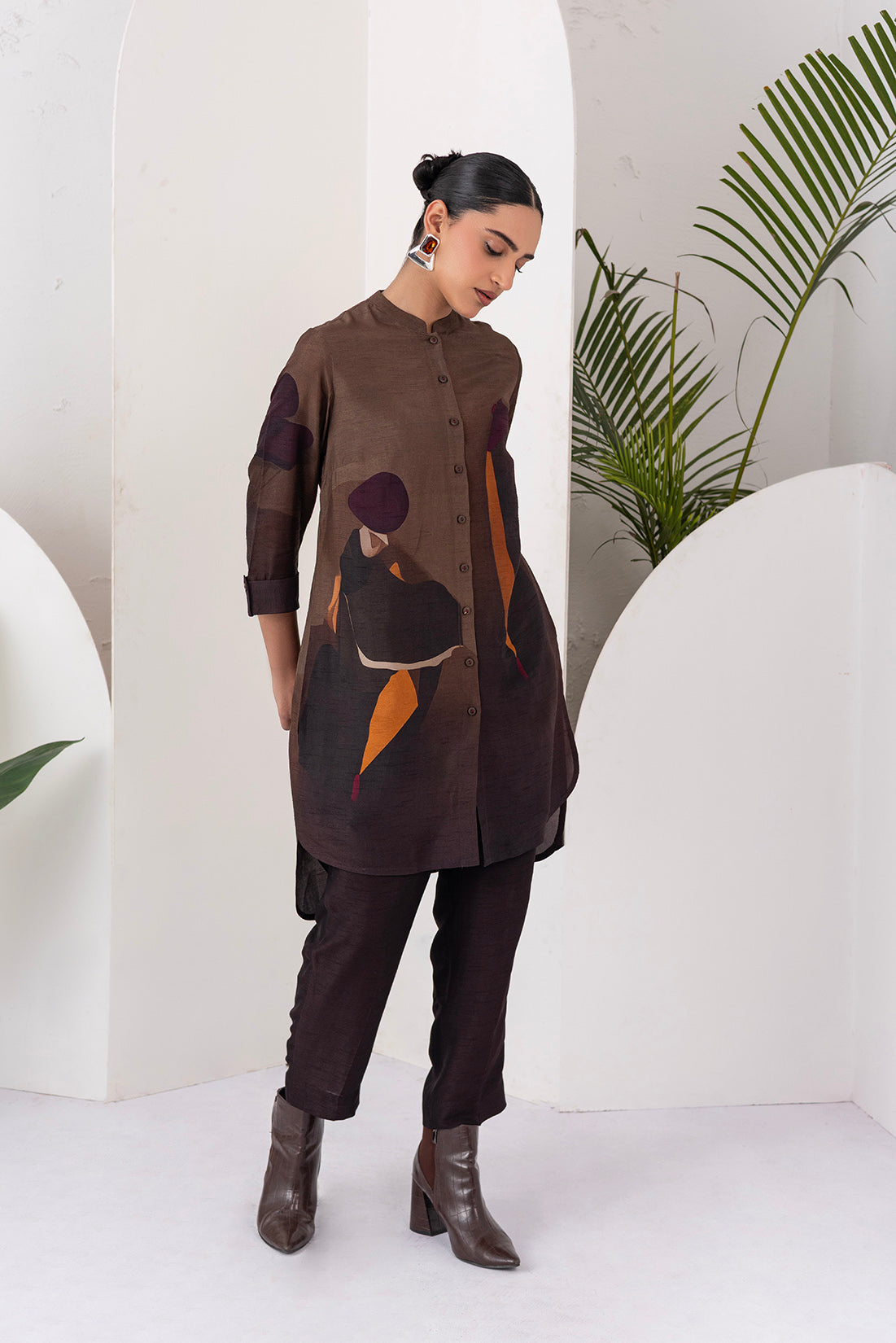Shades Of Brown Viscose Dupion Printed Shirt Style Tunic  (1 PC)