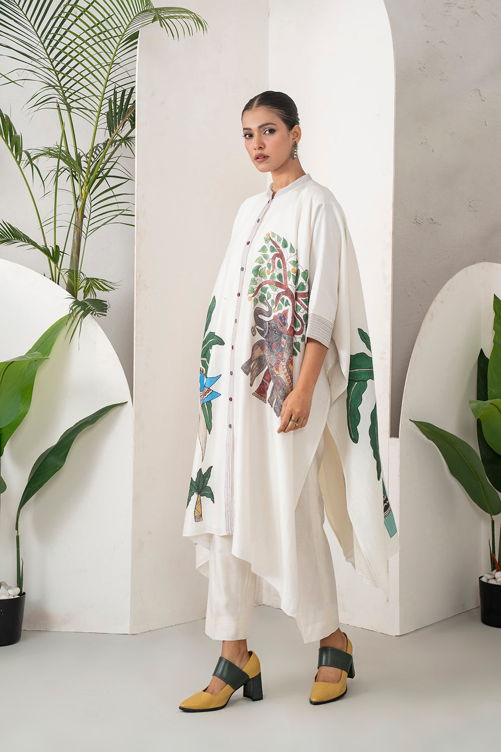 Ivory Silk Chanderi Elephant And Tropical Foliage Printed Kaftan Set (3 PCS)