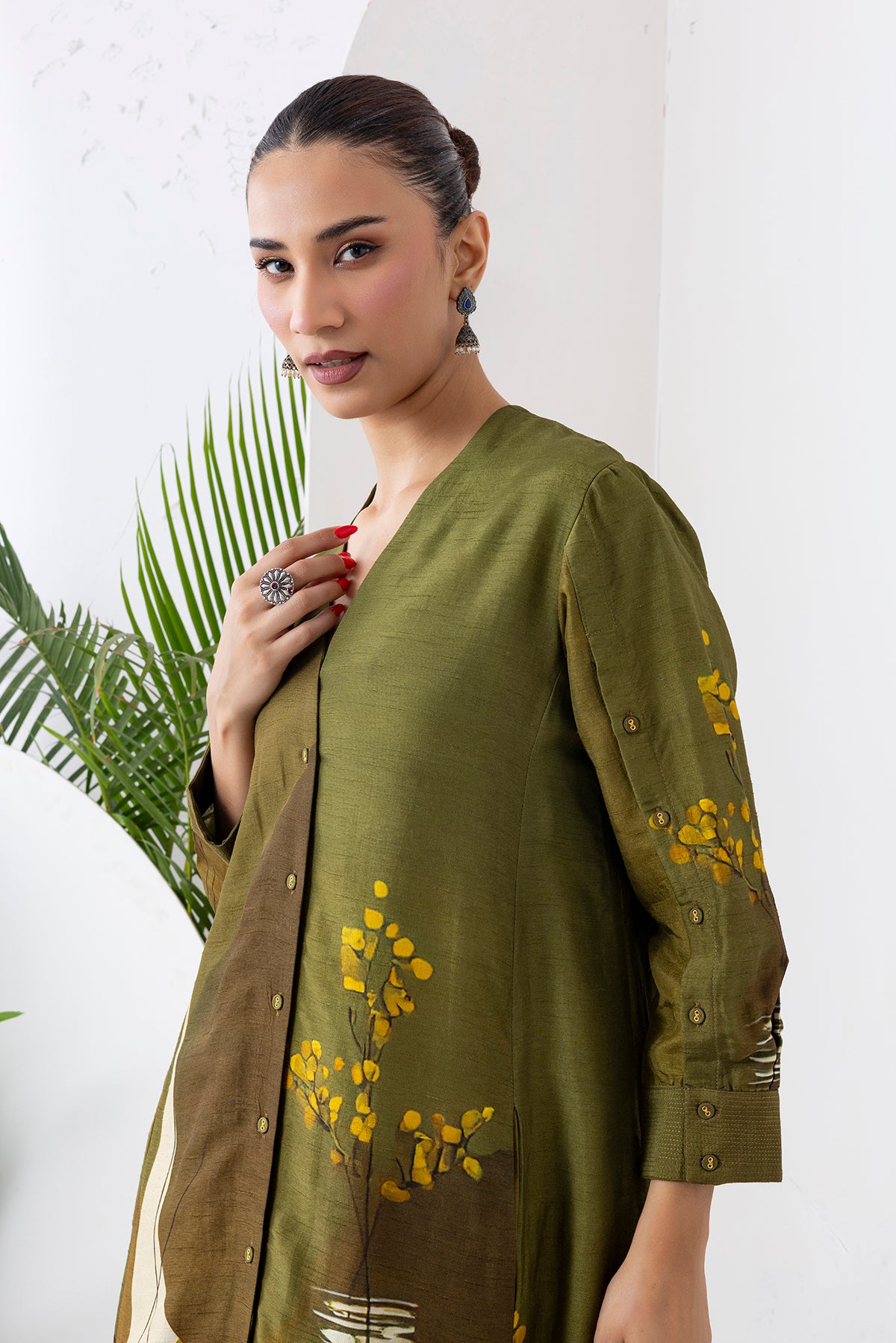 Moss Green Shaded Viscose Dupion Printed High-Low Dress (1 PC)