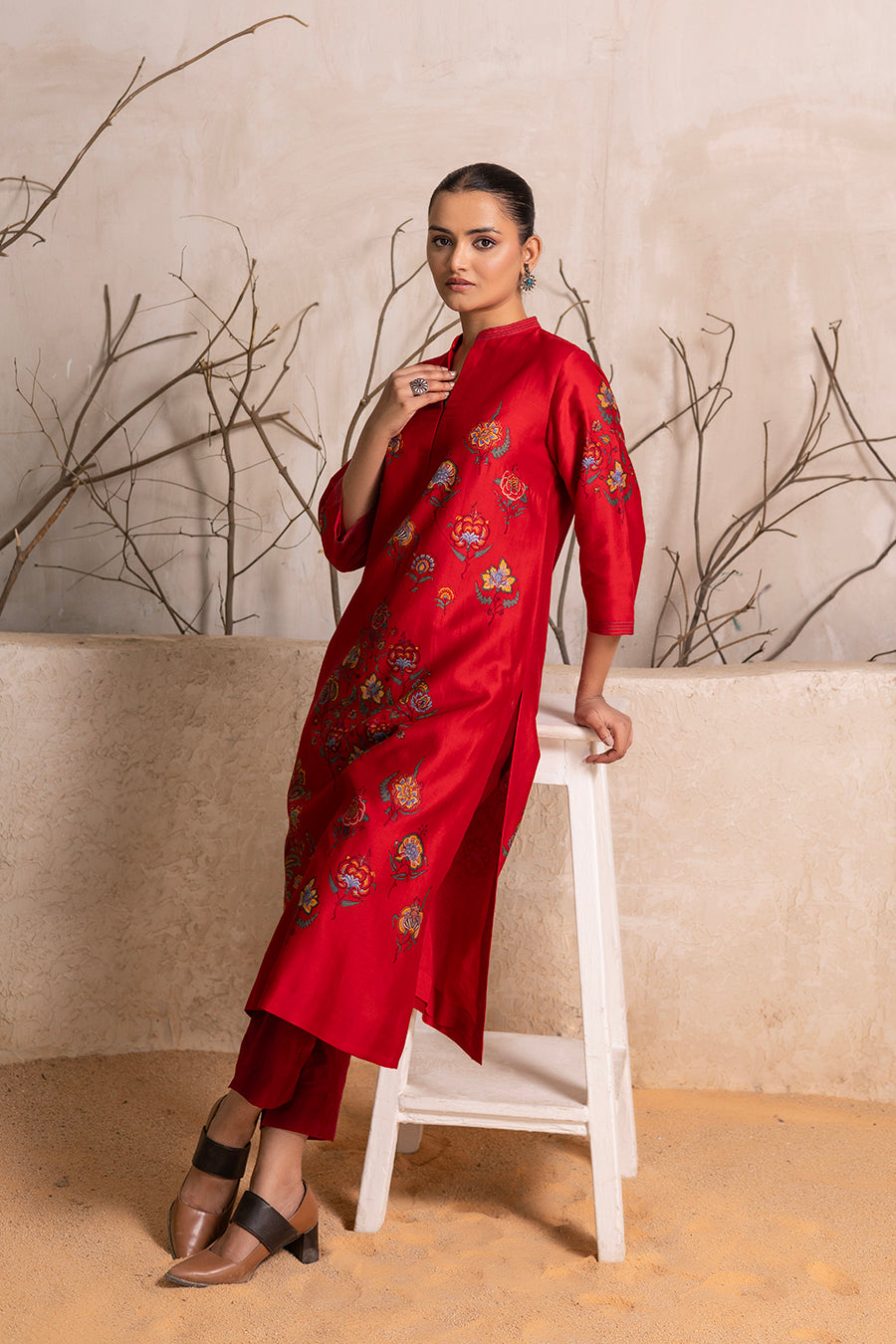 Bright Red Silk Chanderi Printed Tunic (1 PC)