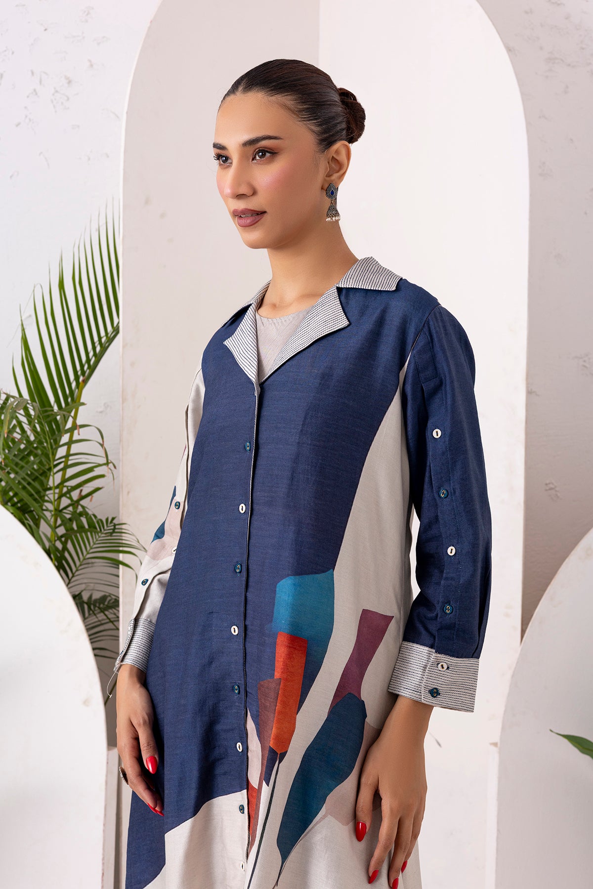 Blue & Ivory Silk Chanderi Printed Front Open Dress (1 PC)