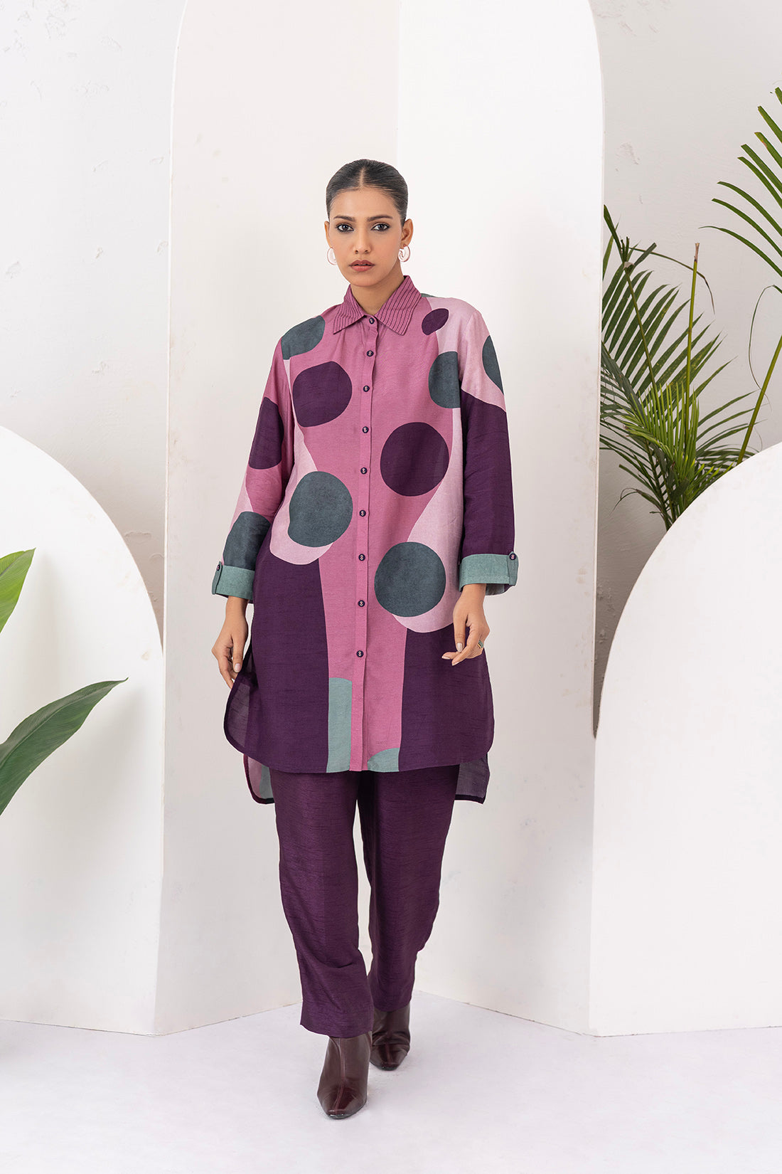 Salmon Pink & Wine Viscose Dupion Printed Shirt Style Tunic  (1 PC)