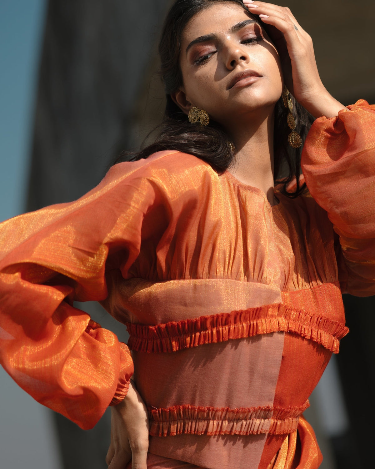 Ruched Balloon Sleeve Top - Burnt Orange