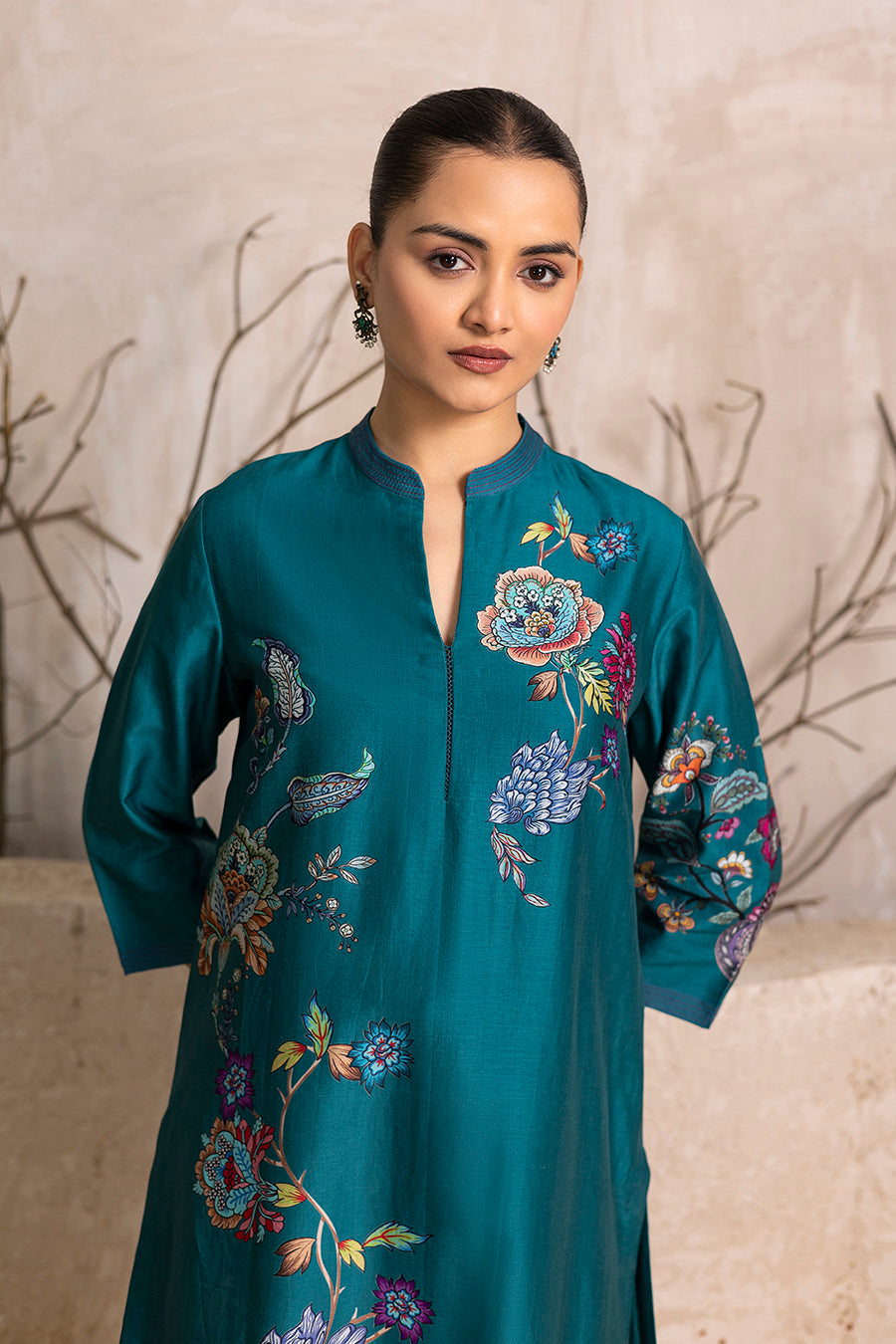 Emerald Silk Chanderi Floral Printed Tunic (1 PC)