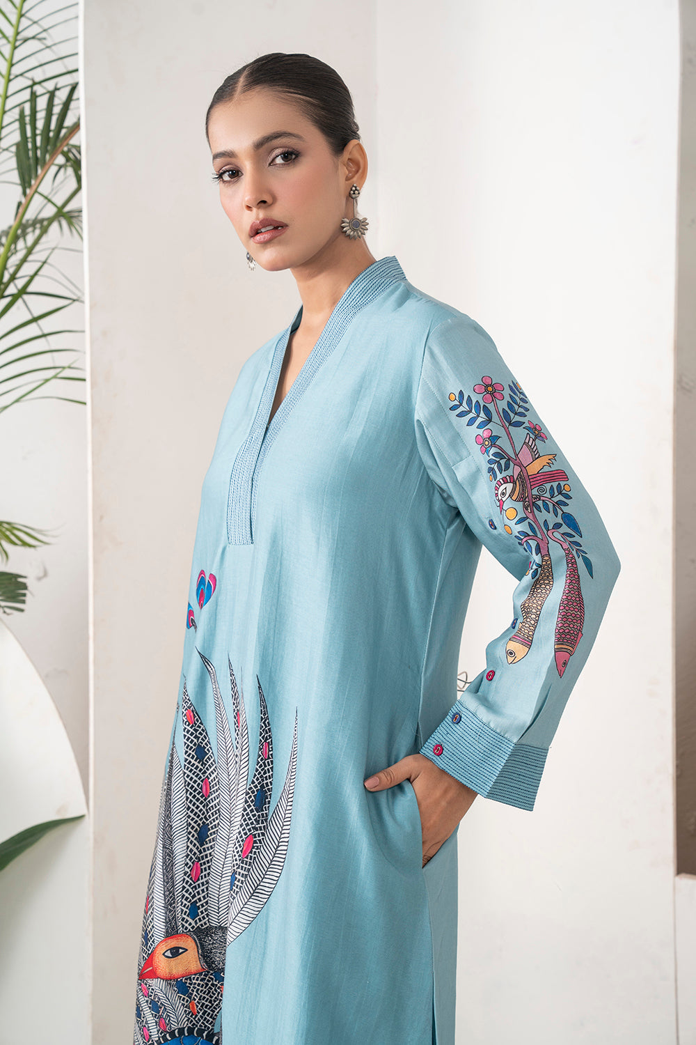 Sky Blue Silk Chanderi Striking Peacock Illustration Printed Tunic Set (2 PCS)