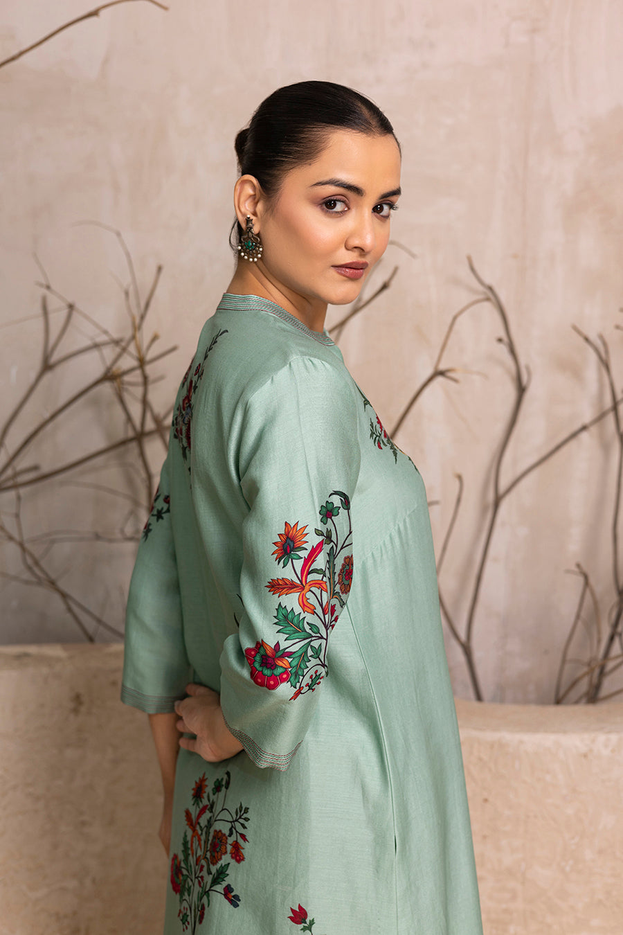 Mint Silk Chanderi Floral Boota Printed Tunic (1 PC)