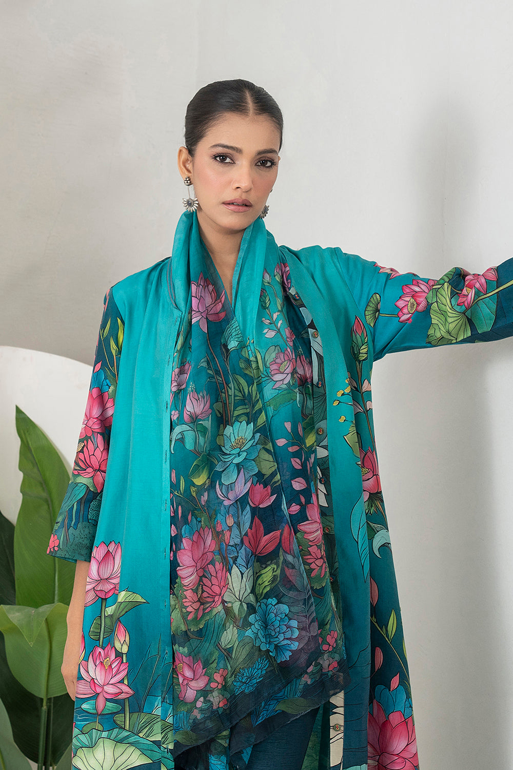 Aqua Fades Into Deep Blue Silk Chanderi Lush Lotus Printed Dress Set (3 PCS)