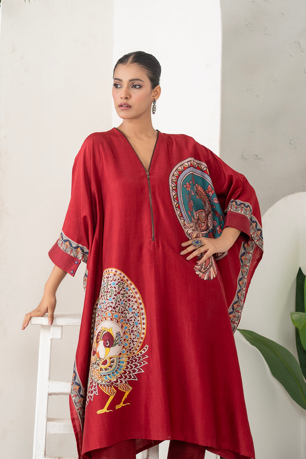 Maroon Silk Chanderi Bold Peacock Printed Zippered Kaftan Set (2 PCS)
