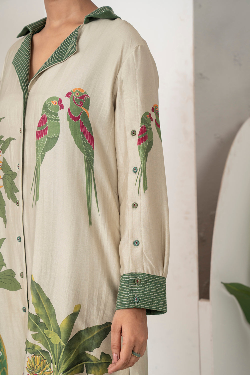 Beige Silk Chanderi Nature-Inspired Printed Dress Set (3 PCS)