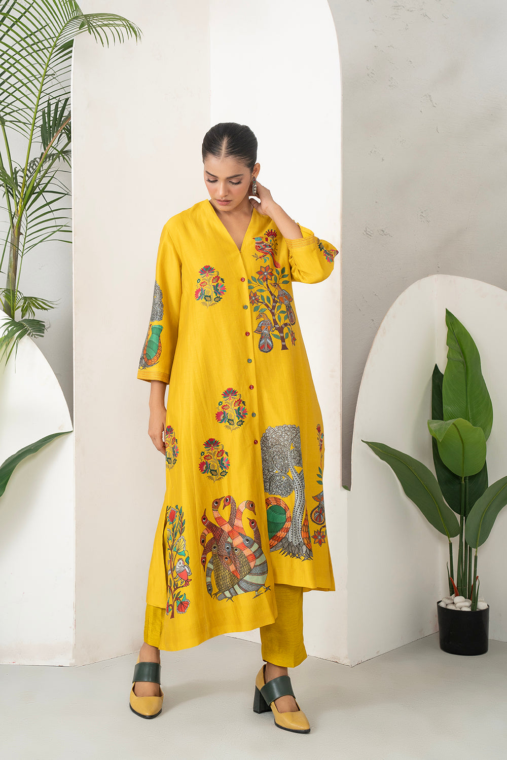 Yellow Silk Chanderi Front Open Striking Bird And Floral Printed Dress Set (3 PCS)