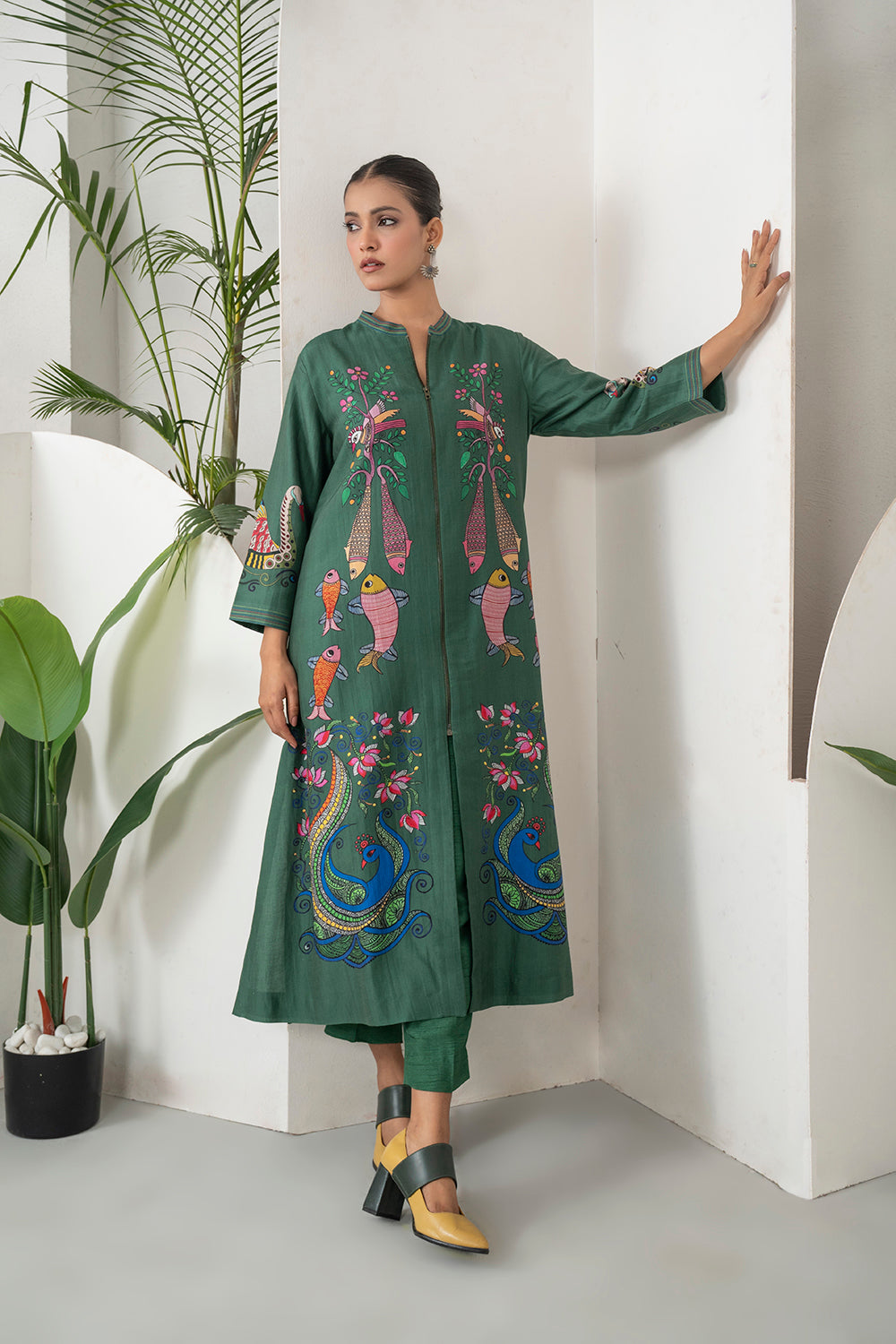 Emerald Silk Chanderi Peacocks And Fish Motifs Printed Dress Set (3 PCS)