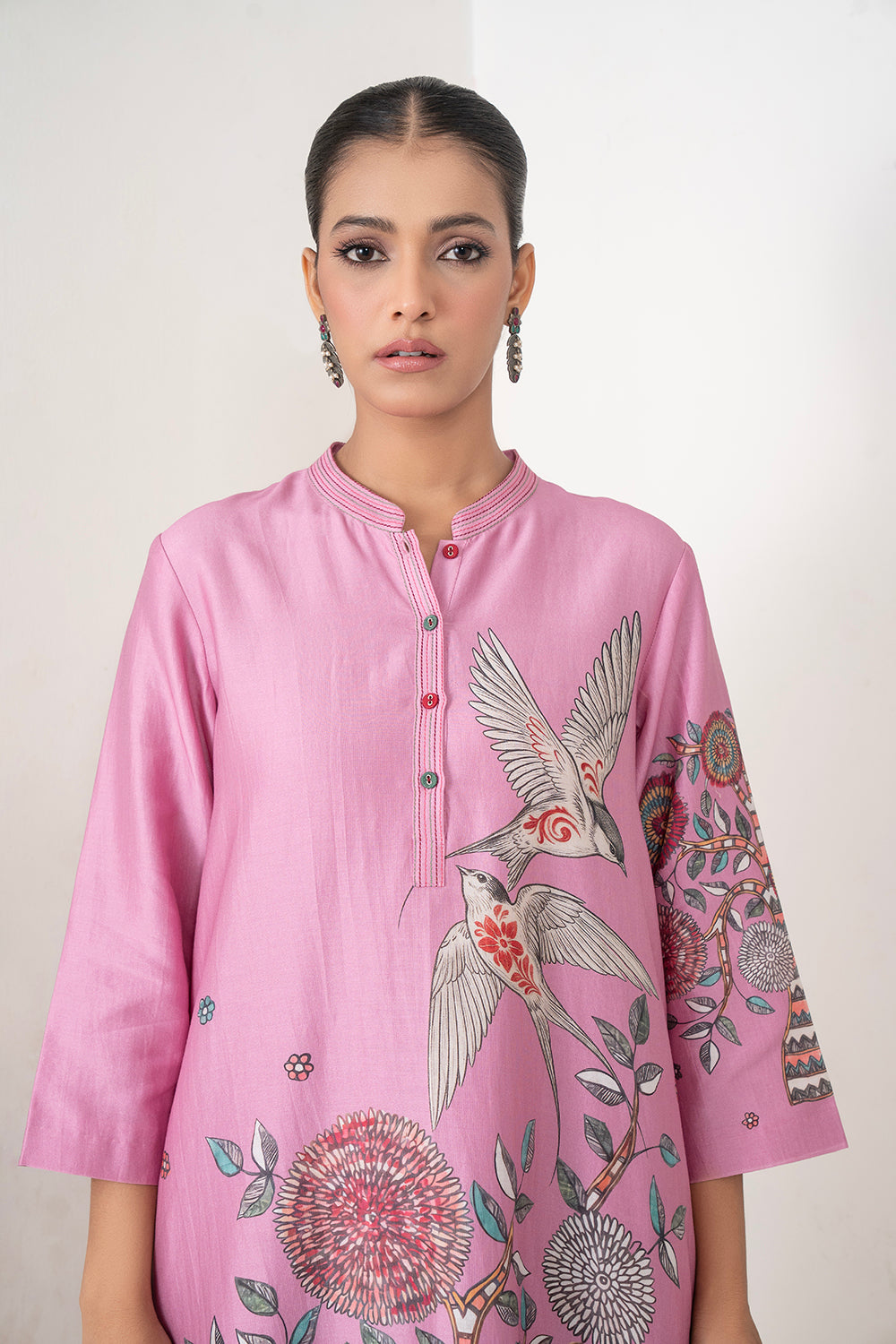 Salmon Pink Silk Chanderi Printed Intricate Bird And Floral Printed Tunic Set (2 PCS)