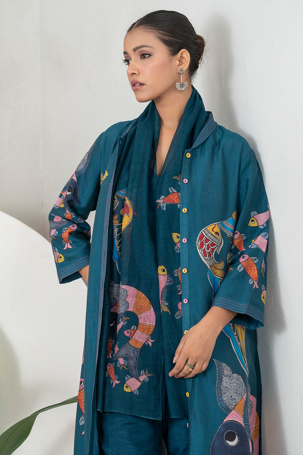 Indigo Silk Chanderi Playful Aquatic Motif Printed Dress Set (3 PCS)