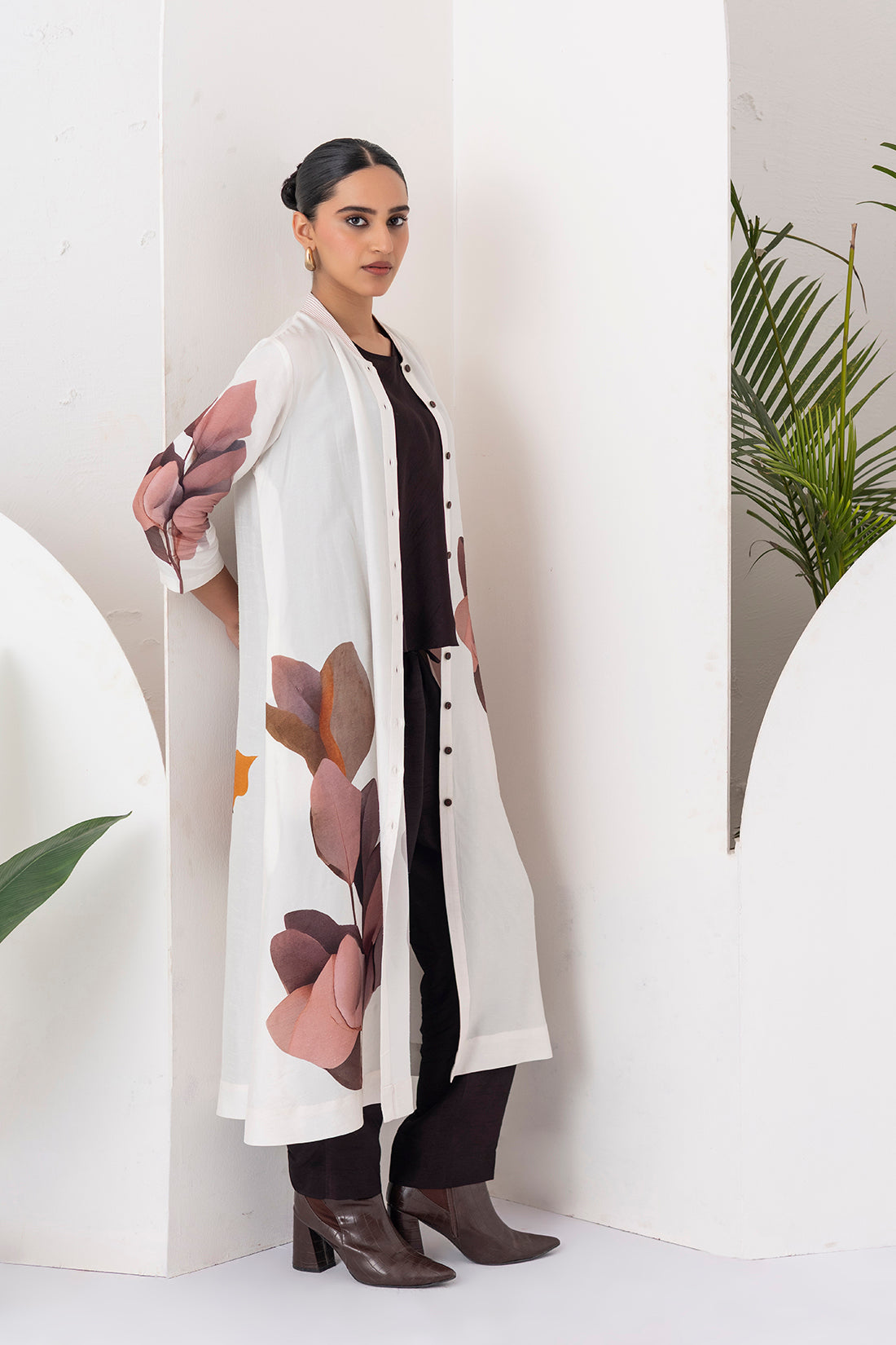 Ivory Viscose Dupion Leaf Printed Dress (1 PC)