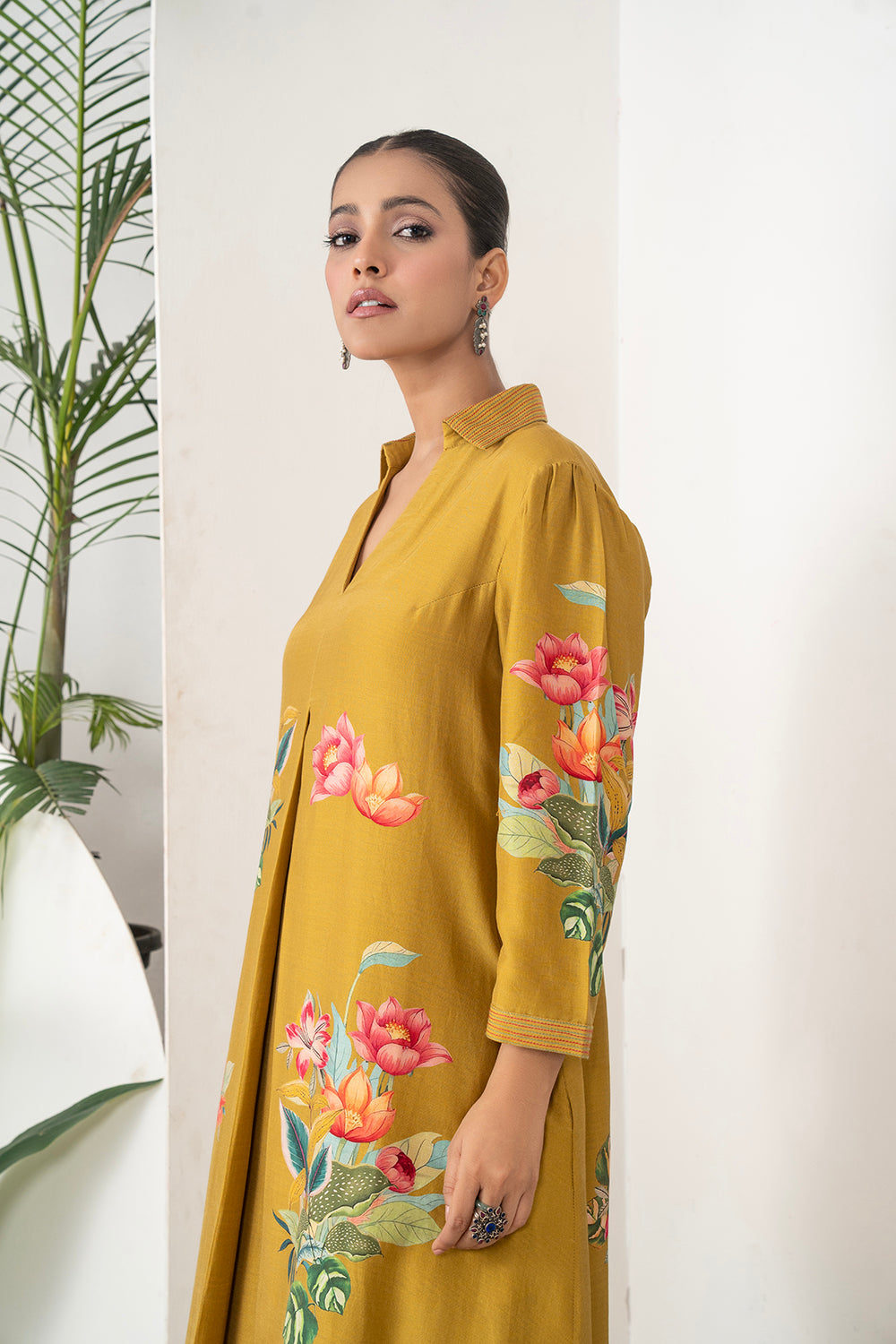 Mustard Silk Chanderi Front Pleat Detailed Colourful Floral Printed Dress Set (2 PCS)