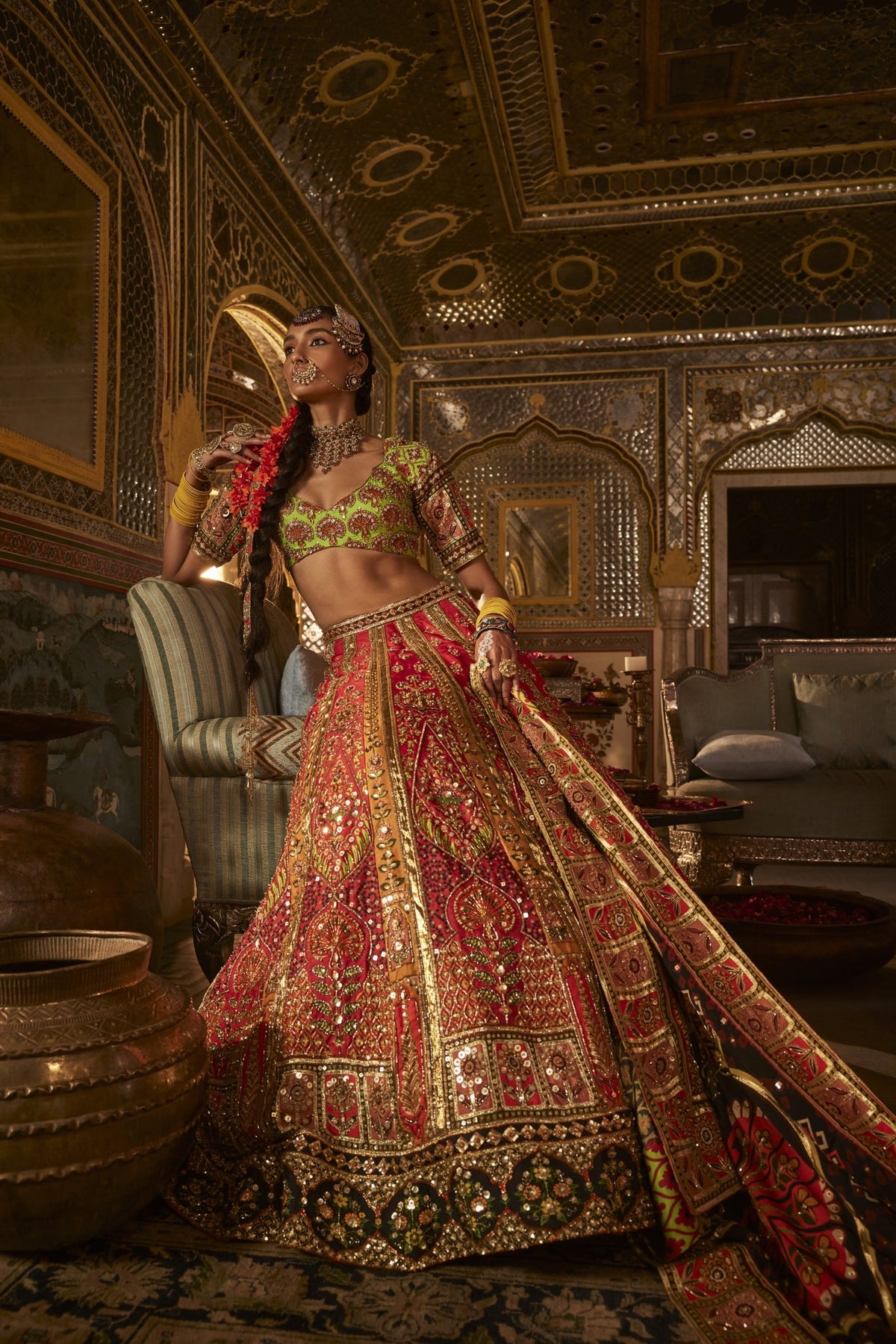 Green And Red Lehenga Set With Traditional Prints