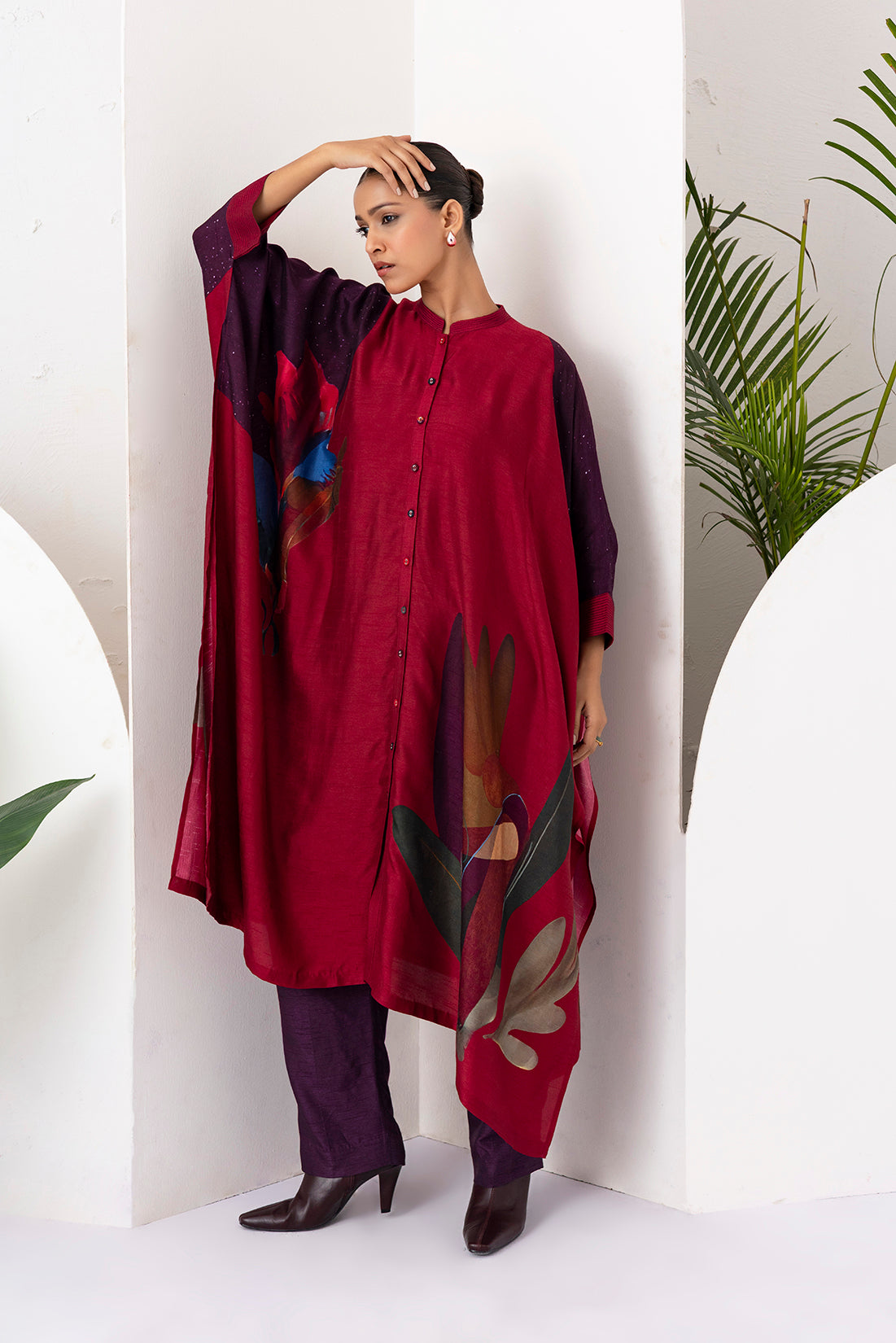 Red Viscose Dupion Printed Kaftaan Style Dress  (1 PC)