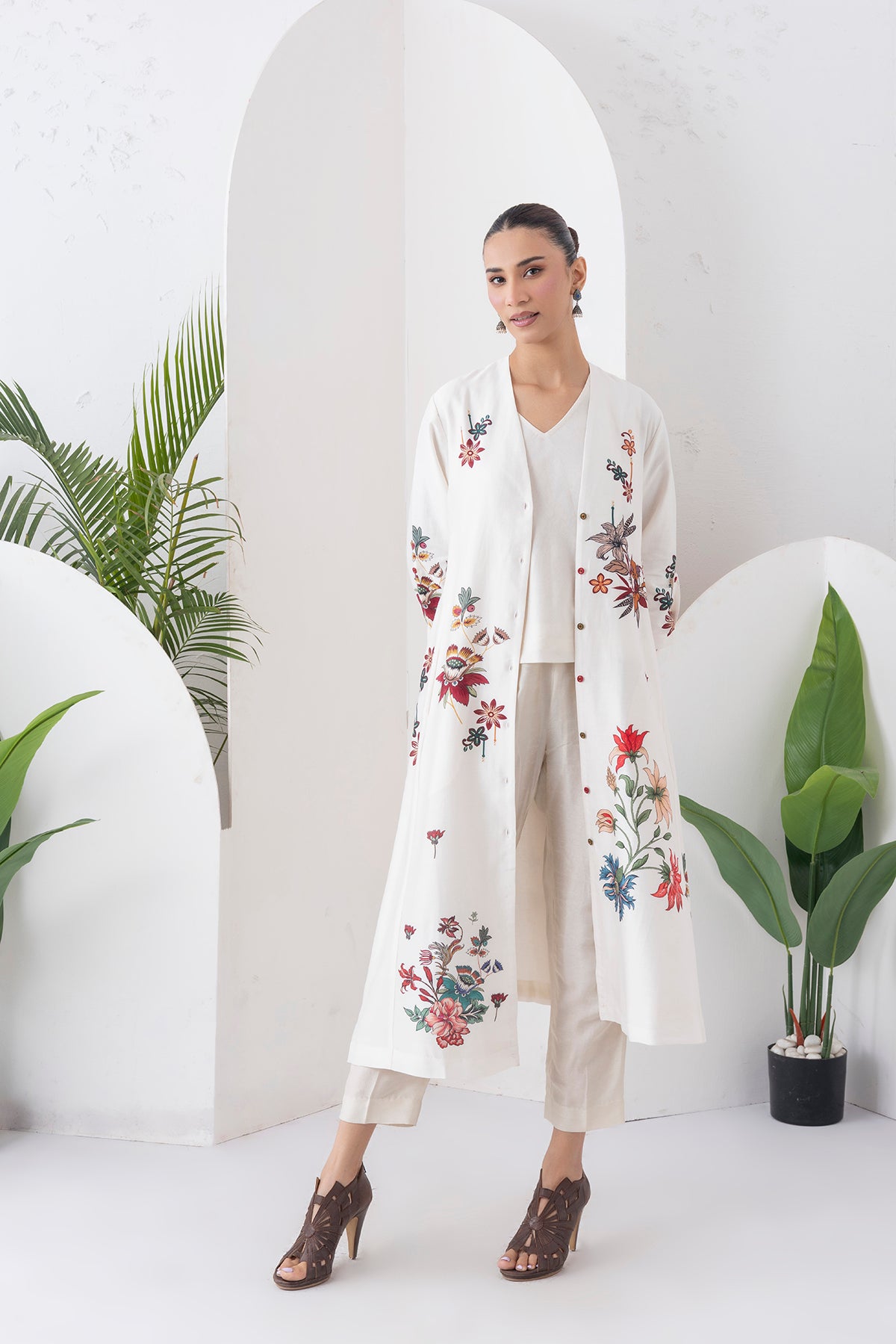 Ivory Silk Chanderi Printed High-Low Dress (1 PC)