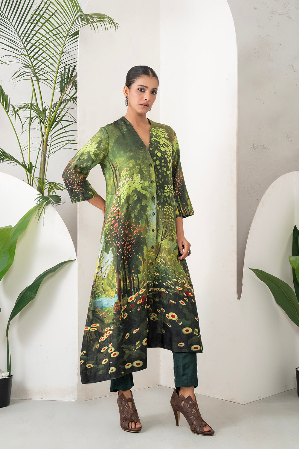 Shades Of Green Silk Chanderi Front Open Nature Inspired Printed Dress Set (2 PCS)