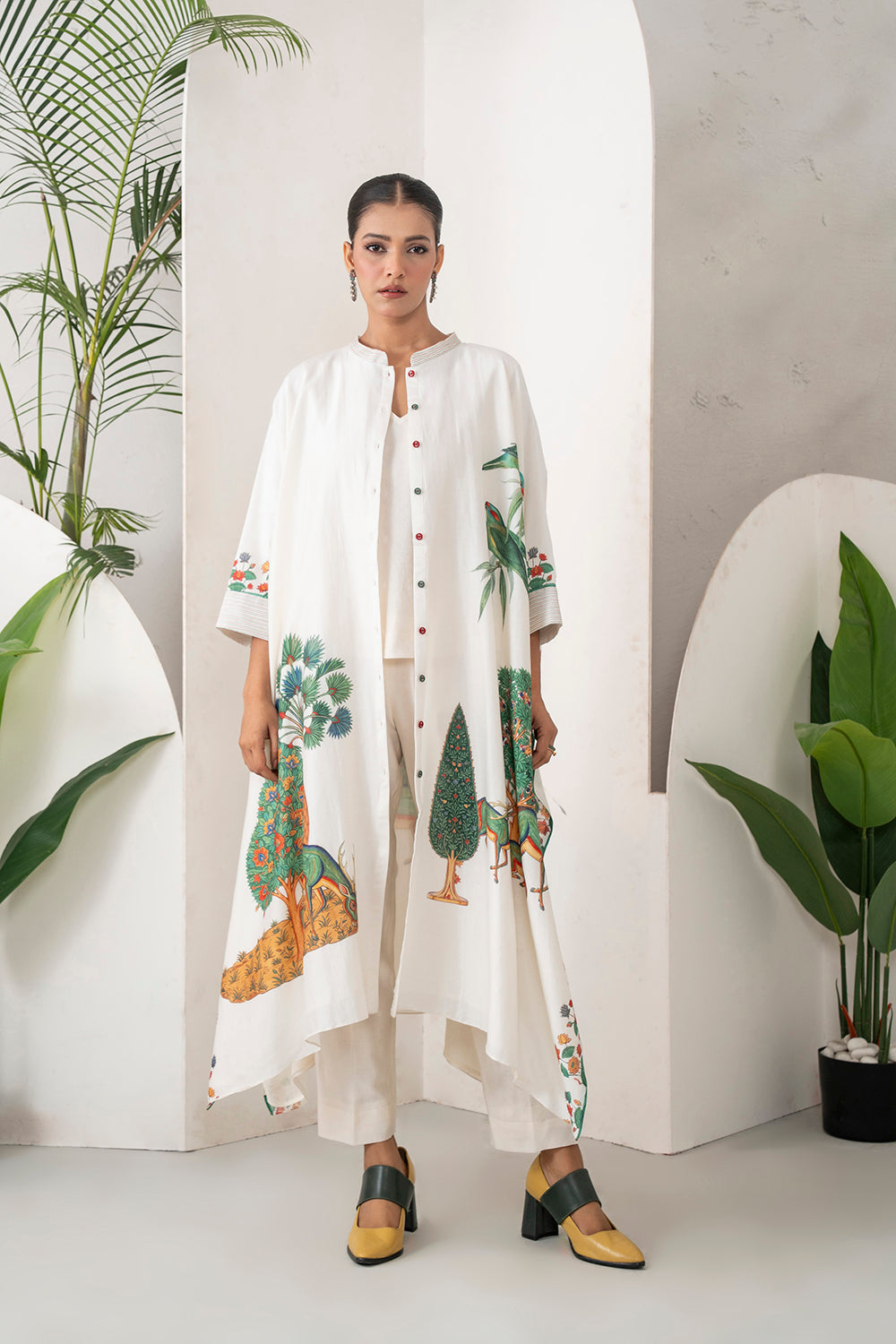 Ivory Silk Chanderi Folk Tale Printed Kaftan Set (3 PCS)
