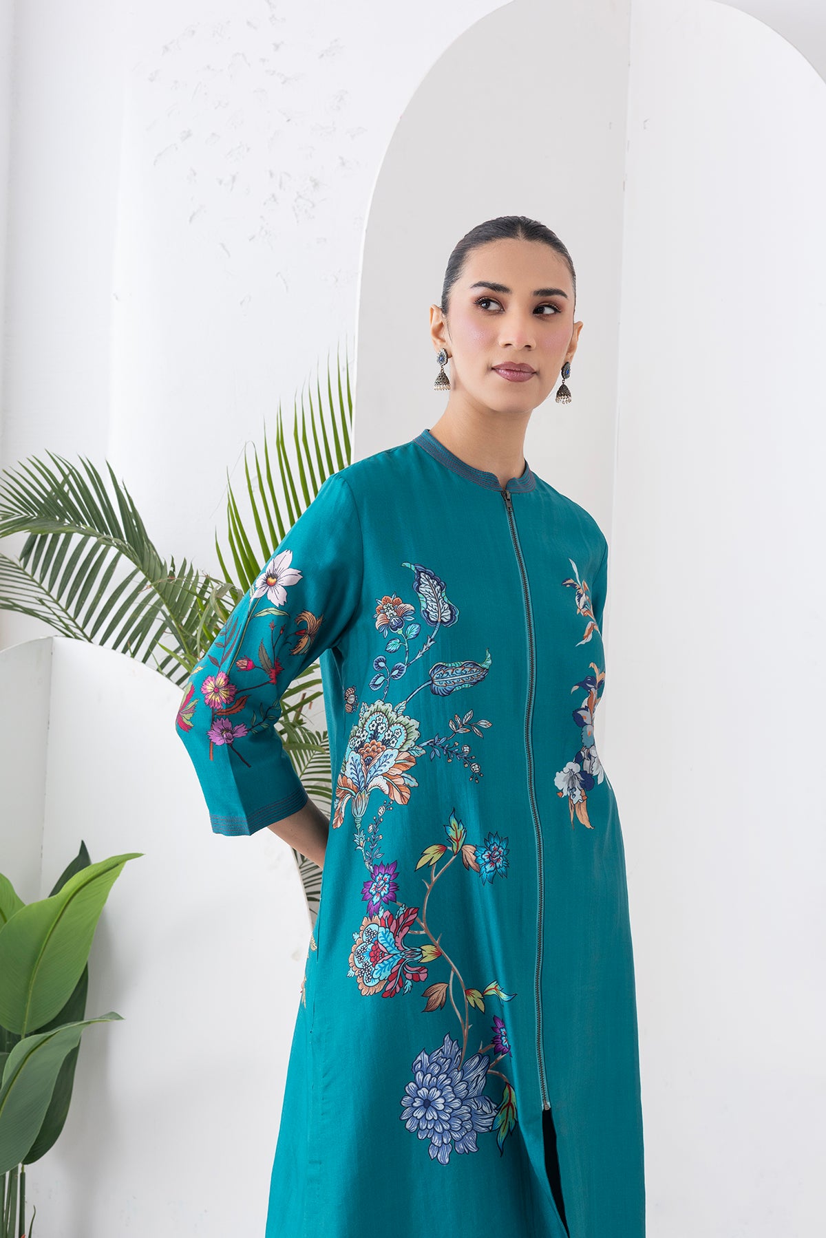 Emerald Silk Chanderi Floral Printed Front Open Dress (1 PC)