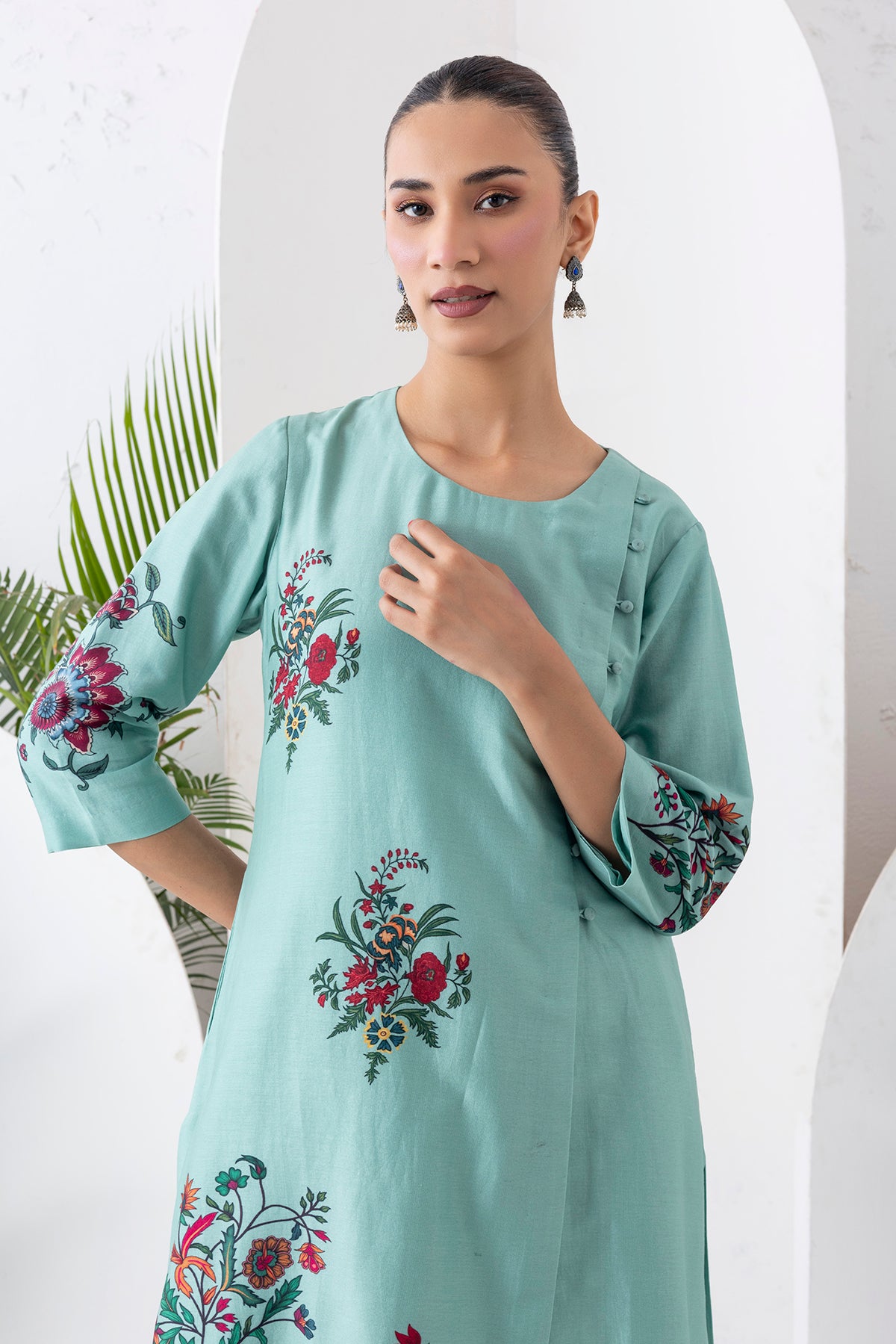 Mint Silk Chanderi Floral Boota Printed Dress (1 PC)