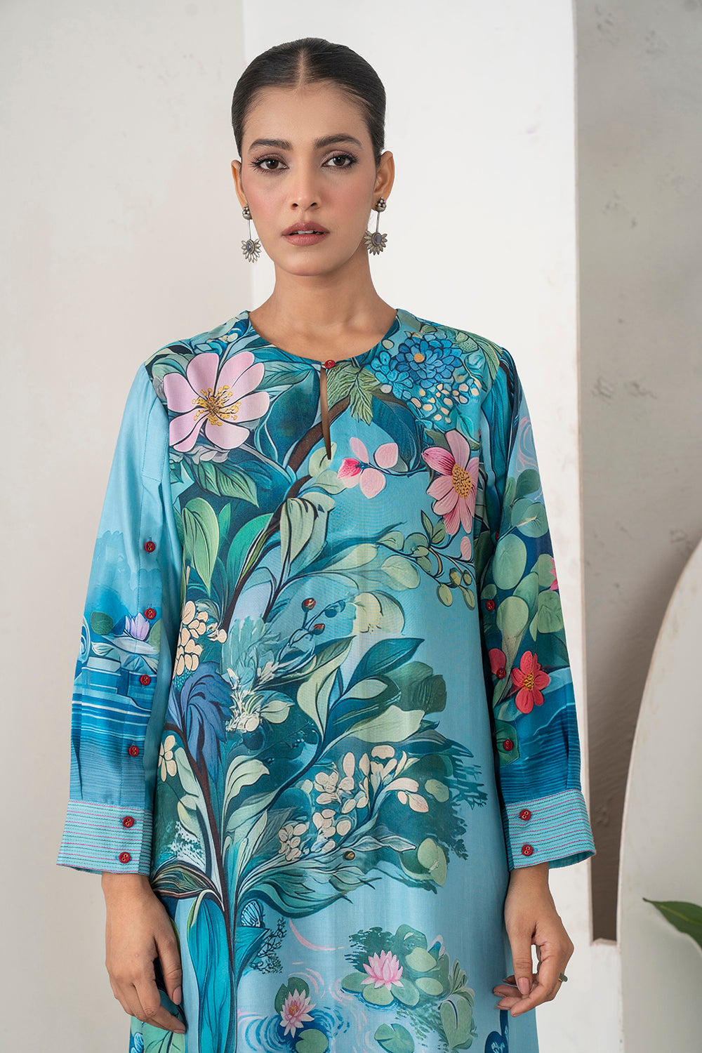Sky Blue Silk Chanderi Lush Lotus Printed Tunic Set (2 PCS)