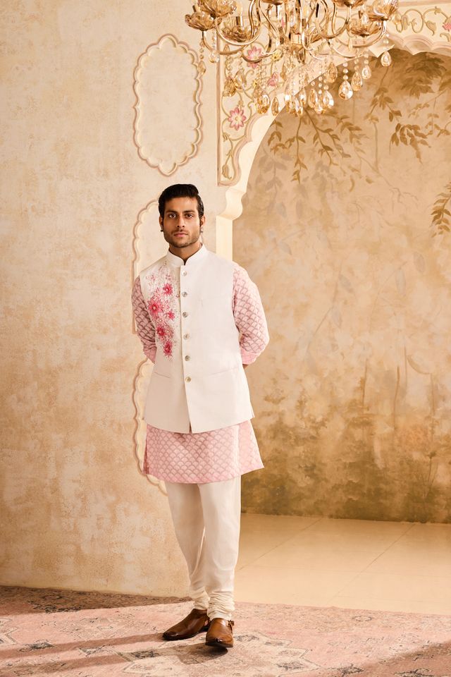 Ivory Floral Bundi Pink Kurta Churidar