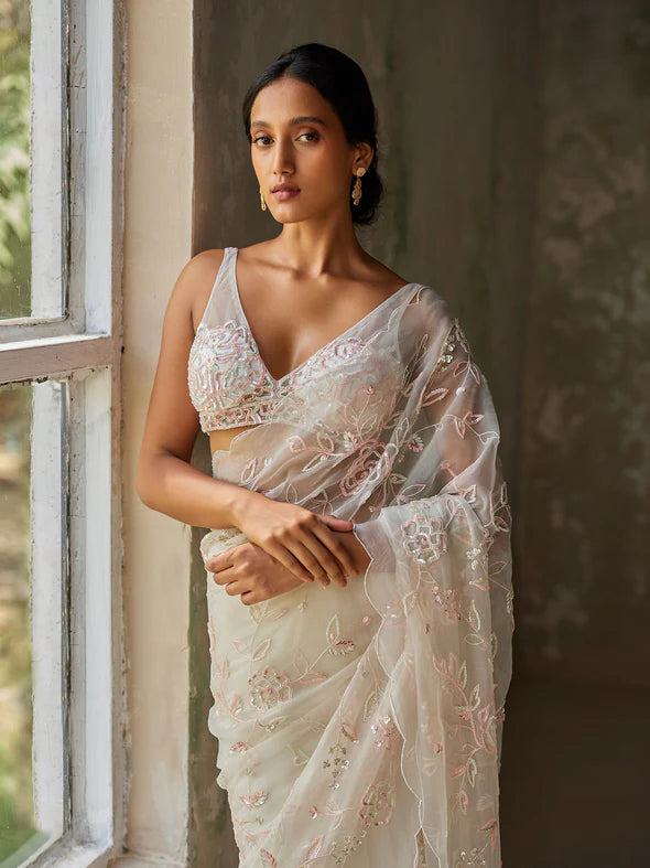ELYSIAN IVORY SILK ORGANZA SAREE SET