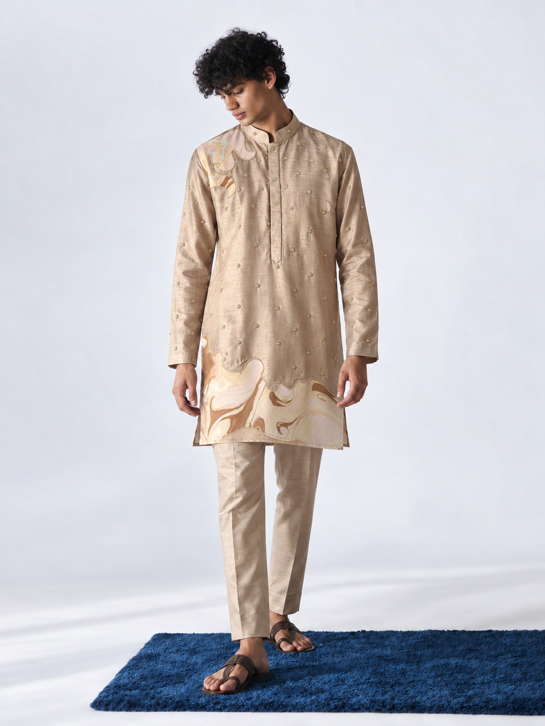 Champagne Embroidered Marble Appliqué Kurta - Pant Set
