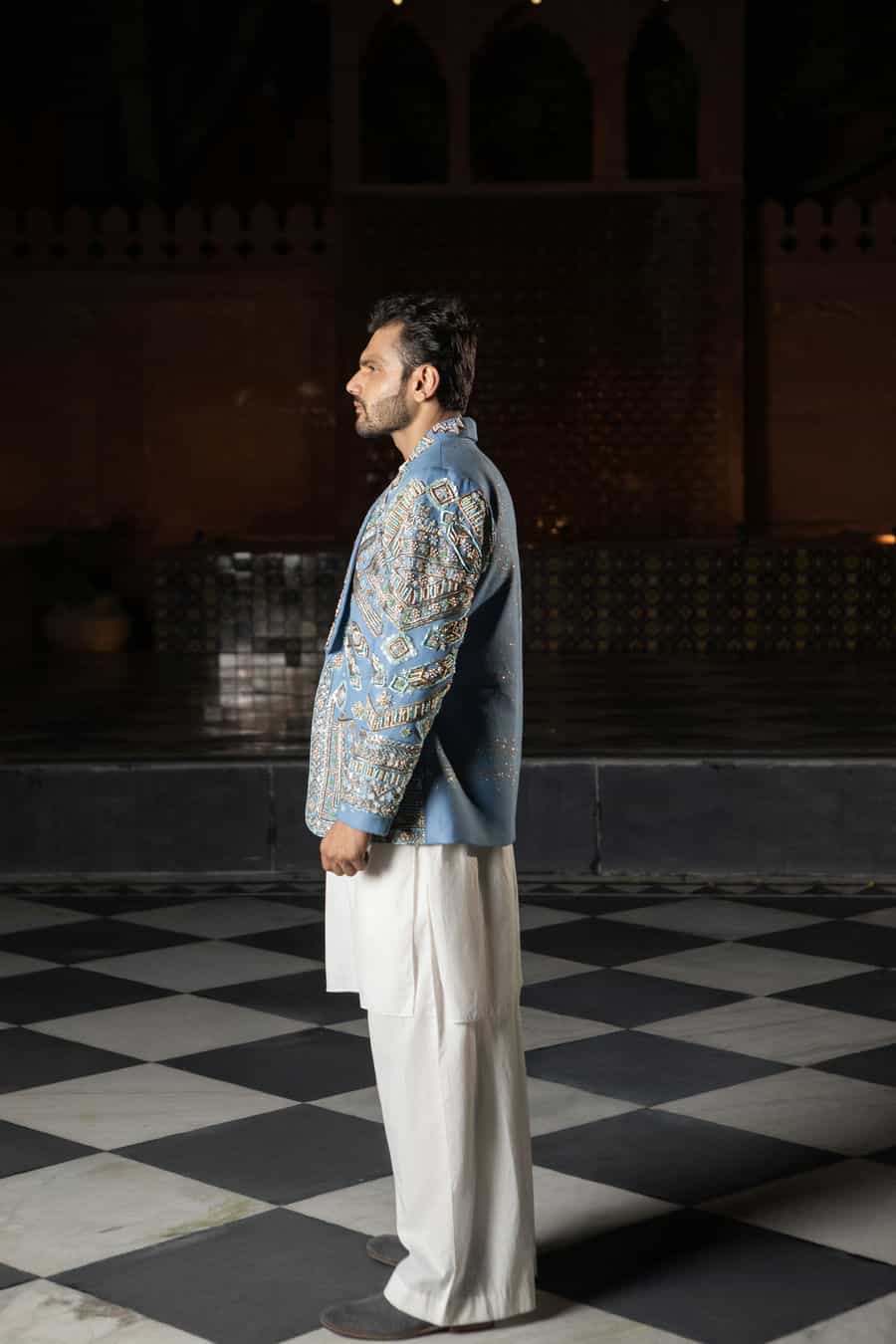 DEVI DRAPE DENIM EMBELLISHED BLAZER WITH KURTA AND PAJAMA