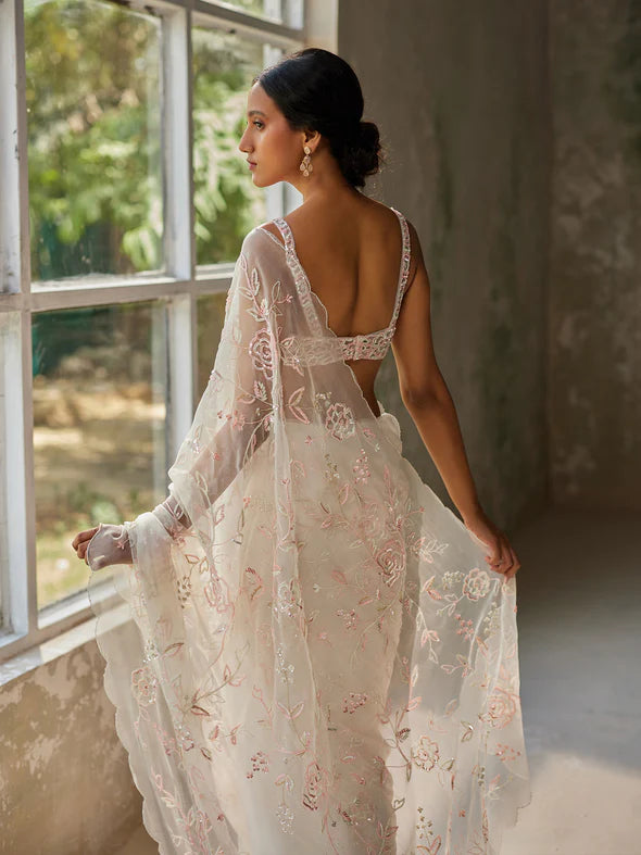 ELYSIAN IVORY SILK ORGANZA SAREE SET