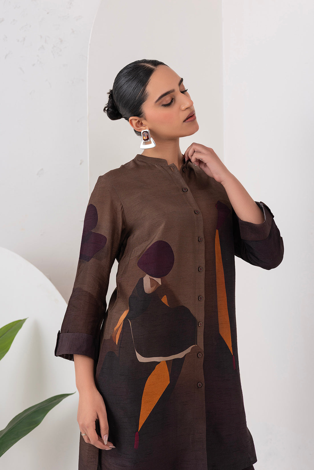 Shades Of Brown Viscose Dupion Printed Shirt Style Tunic  (1 PC)