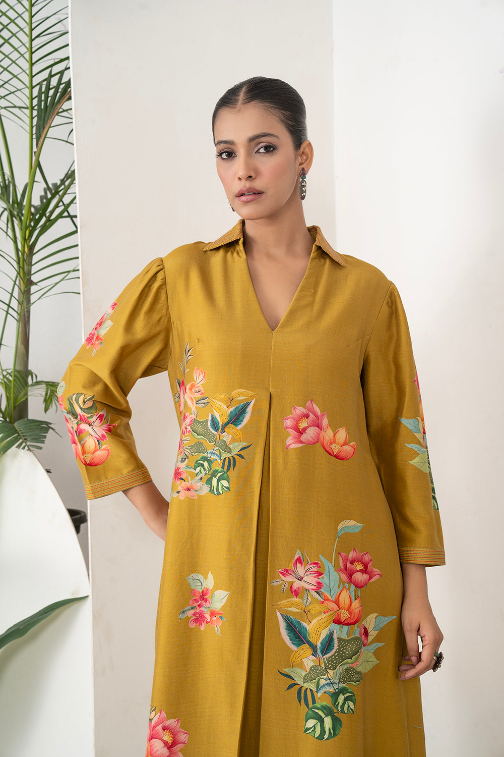 Mustard Silk Chanderi Front Pleat Detailed Colourful Floral Printed Dress Set (2 PCS)