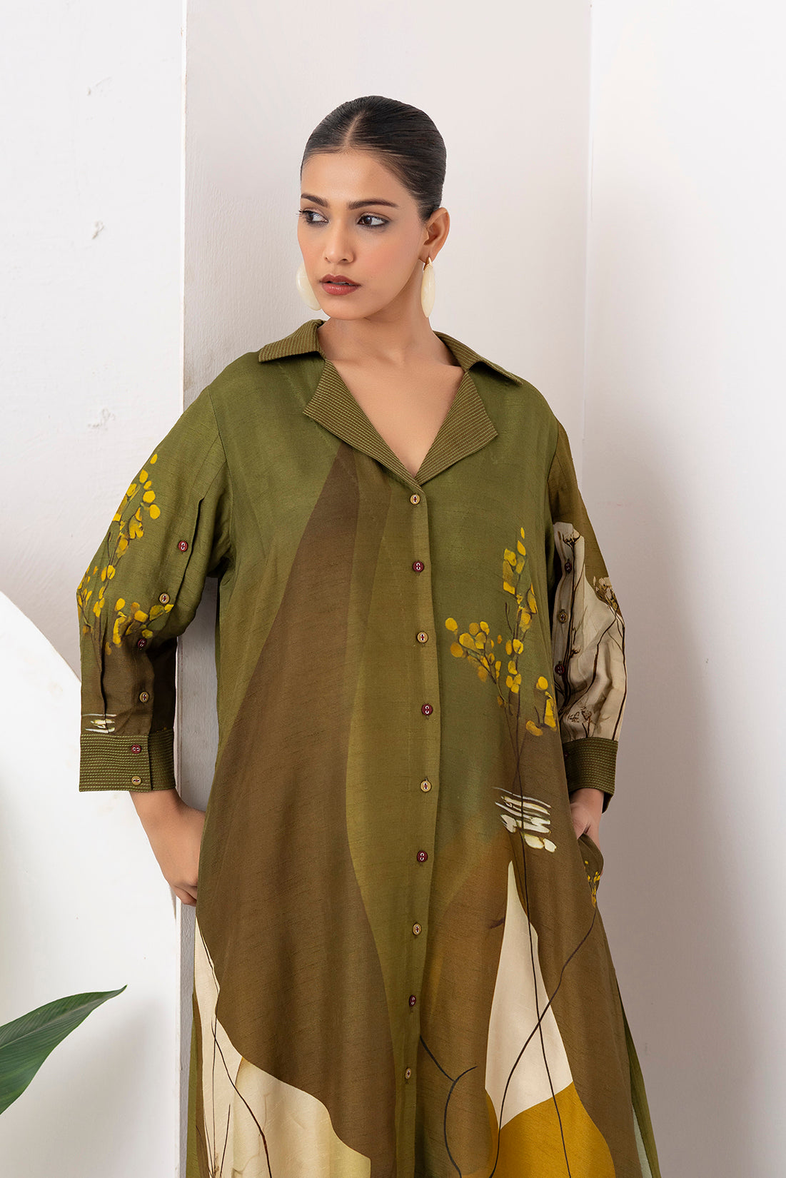 Moss Green Shaded Viscose Dupion Printed Dress  (1 PC)