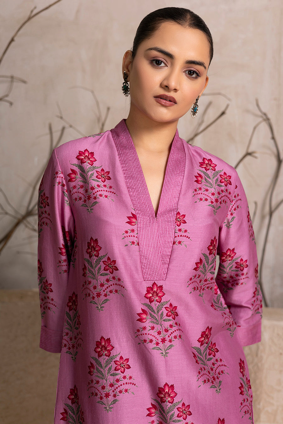 Salmon Pink Silk Chanderi Floral Boota Printed Tunic (1 PC)