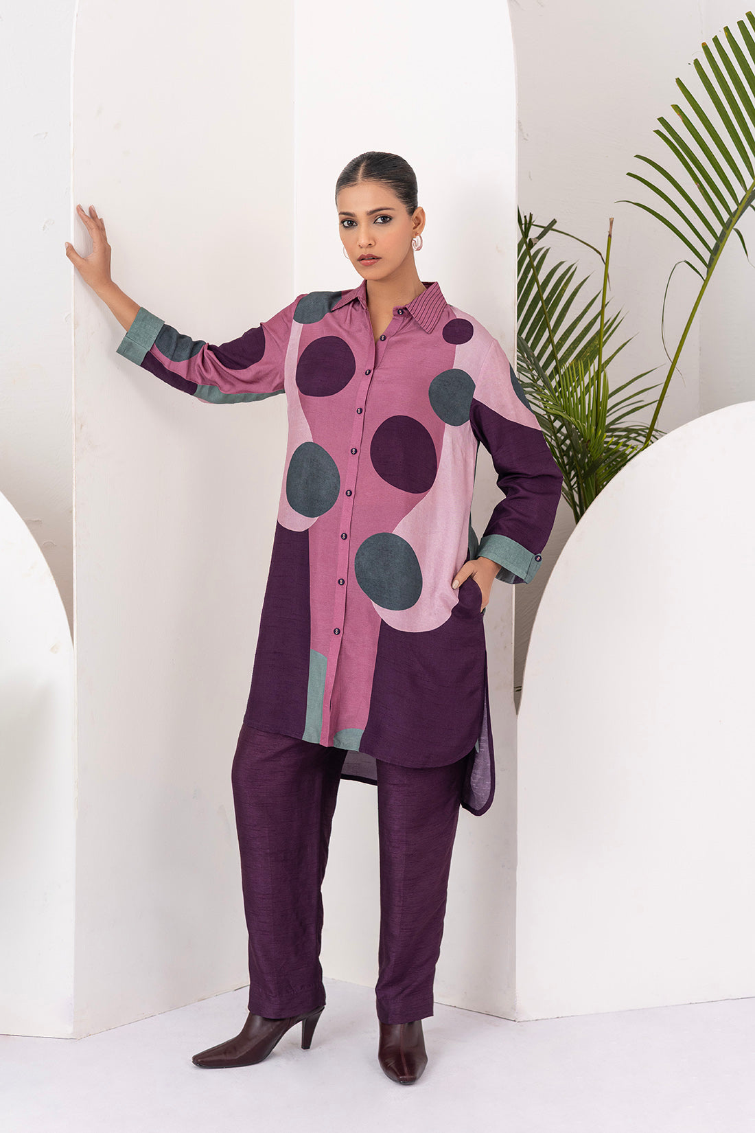 Salmon Pink & Wine Viscose Dupion Printed Shirt Style Tunic  (1 PC)