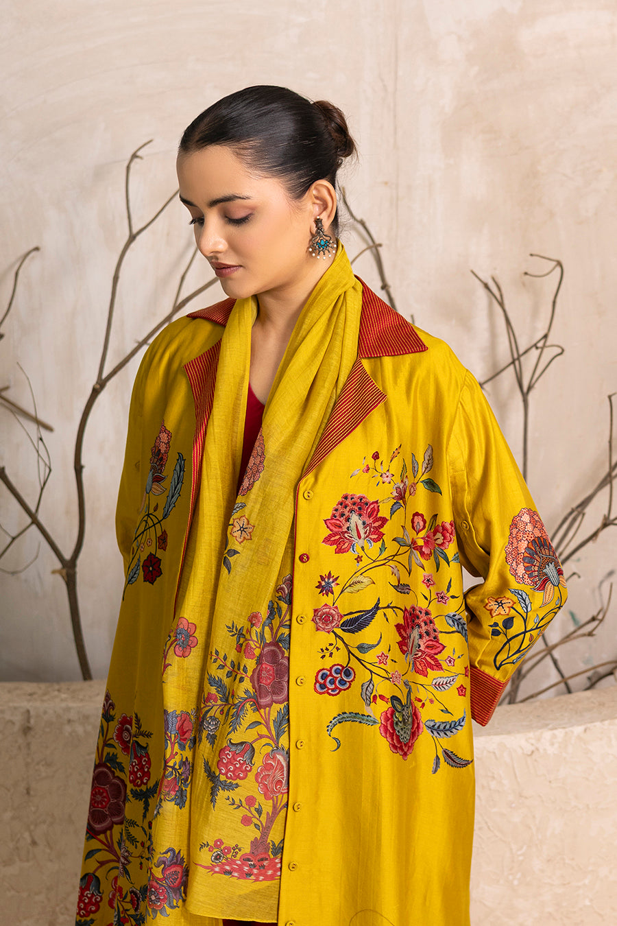 Yellow Silk Chanderi Chintz Printed Stole (1 PC)