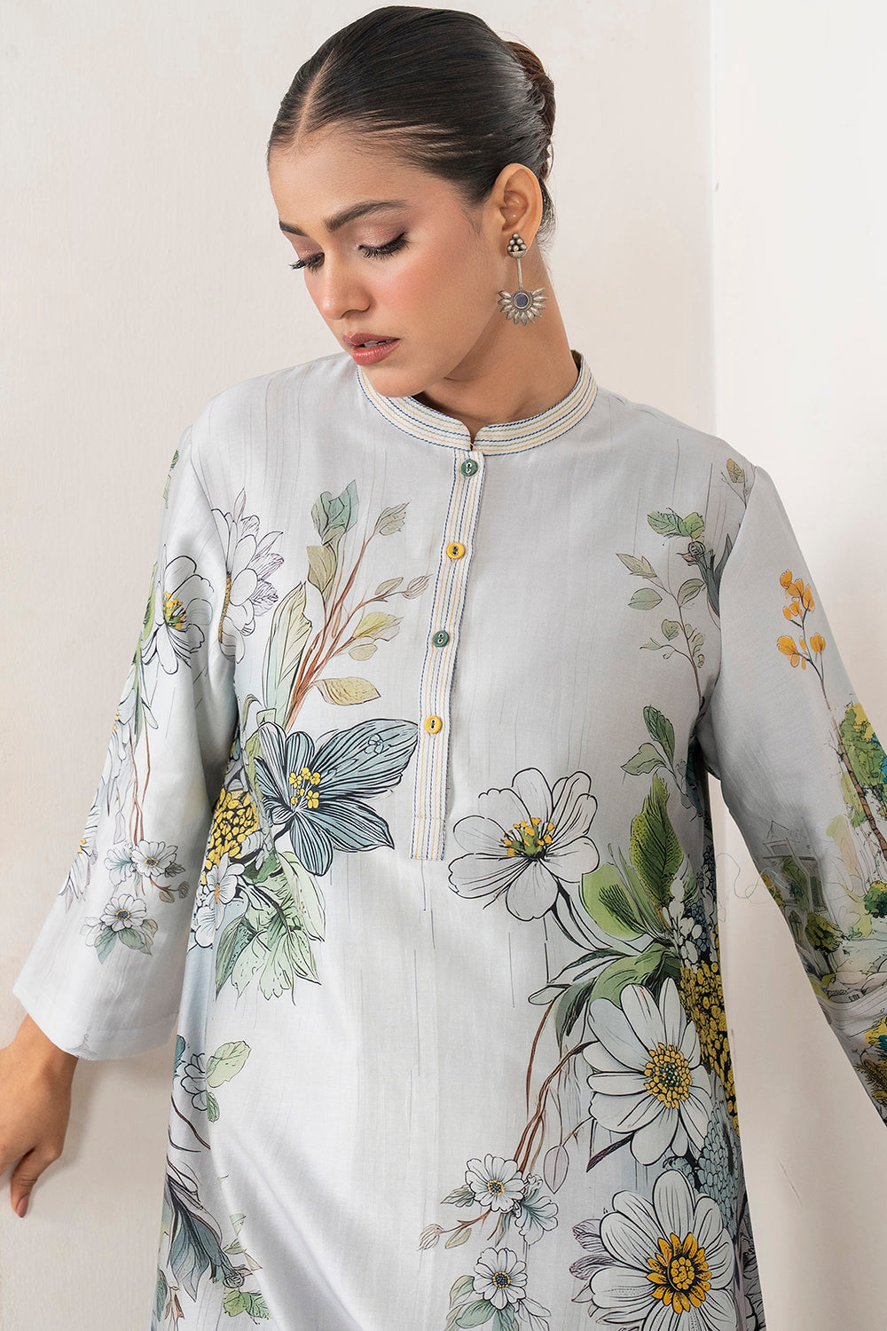 Grey Silk Chanderi Painterly Landscape Printed Tunic Set (2 PCS)